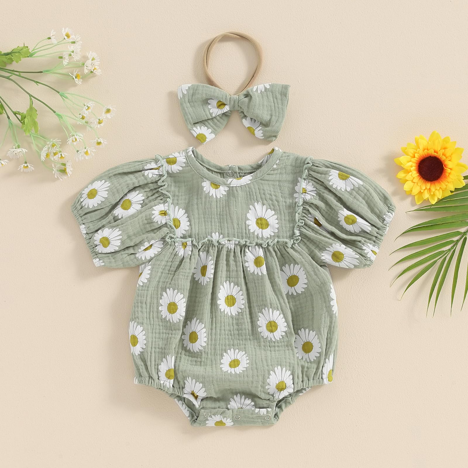 Newborn Baby Girl Clothes Summer Daisy Bubble Romper Cute Infant Outfits Toddler Floral Bodysuit Spring Outfit (A Daisy Romper Green, 6-12 Months)