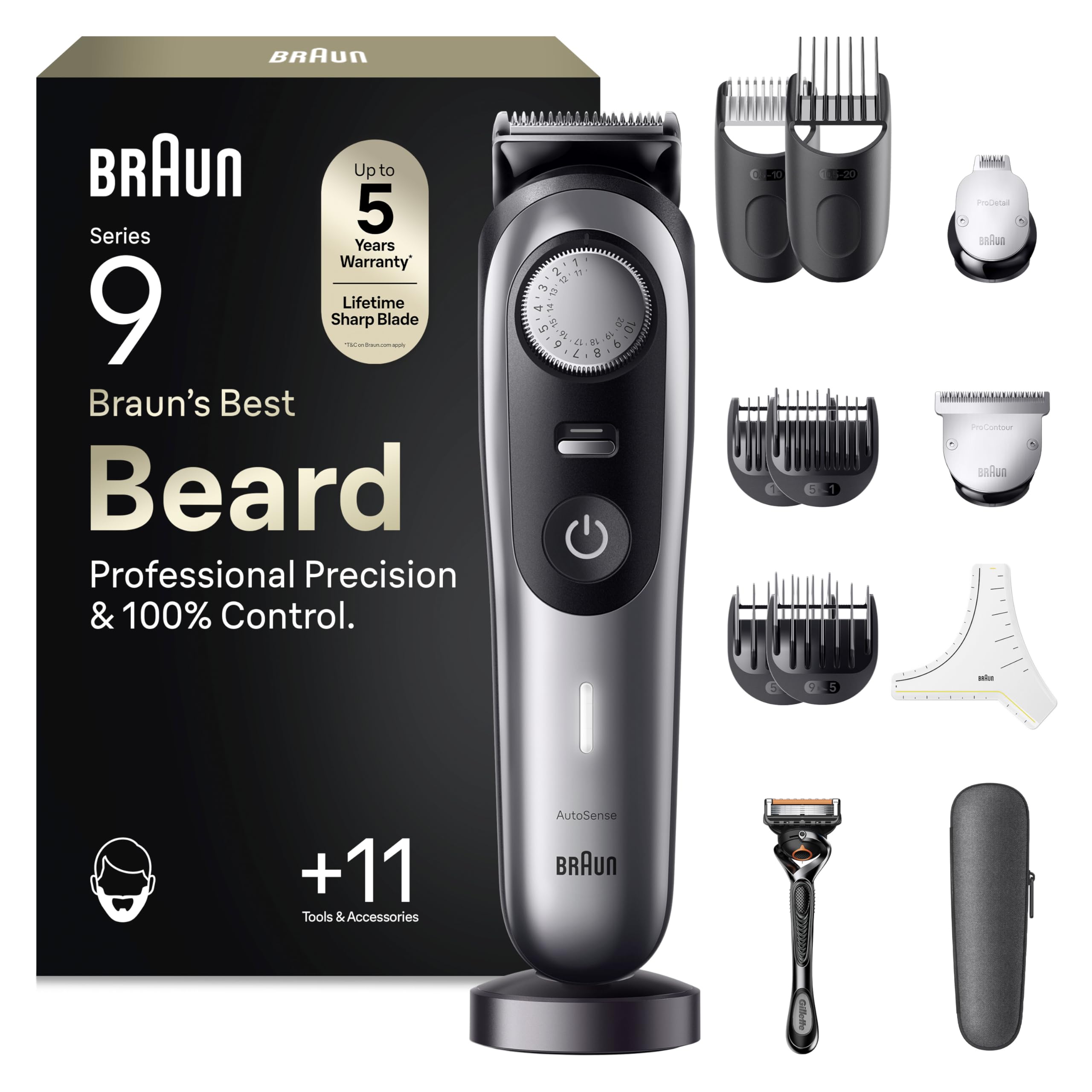 Braun Barttrimmer Series 9, Elektrischer Bartschneider Herren mit 11 Barber-Tools, Ultrascharfe ProBlade Klinge, 180 Min Akkulaufzeit, Kabelloser Bartrasierer, 40 Längen, Wasserdicht, BT9440, Chrom