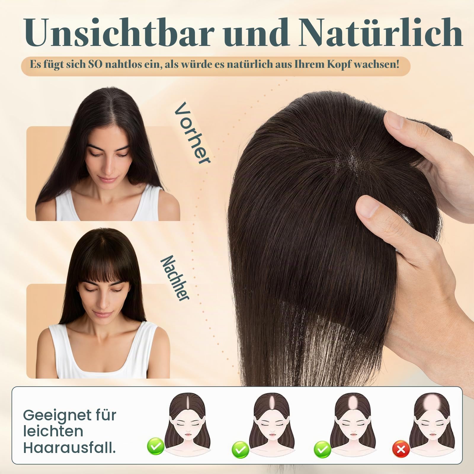 MY-LADY Echthaar Topper Damen mit Luftiger Pony, 100% Handgehäkelt Clip in Pony Haarteile Echthaar Leicht und atmungsaktiv Dunkel Braun (19g)