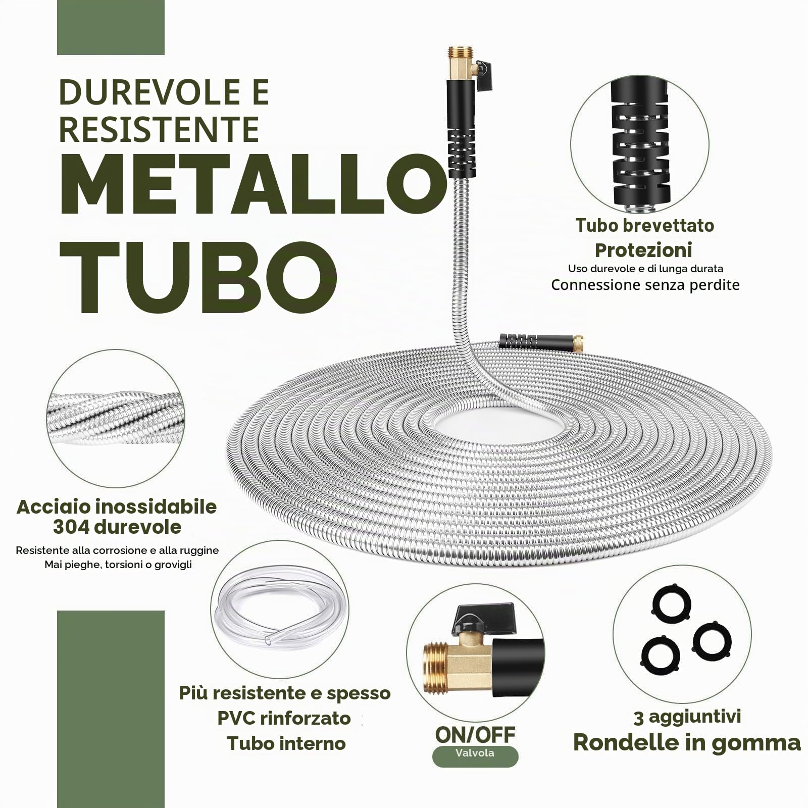 Tubo da giardino in metallo, flessibile da 30,5 m, in acciaio inox, resistente, leggero, con raccordi a connessione rapida, resistente, durevole, senza nodi, con ugello a 10 funzioni, per