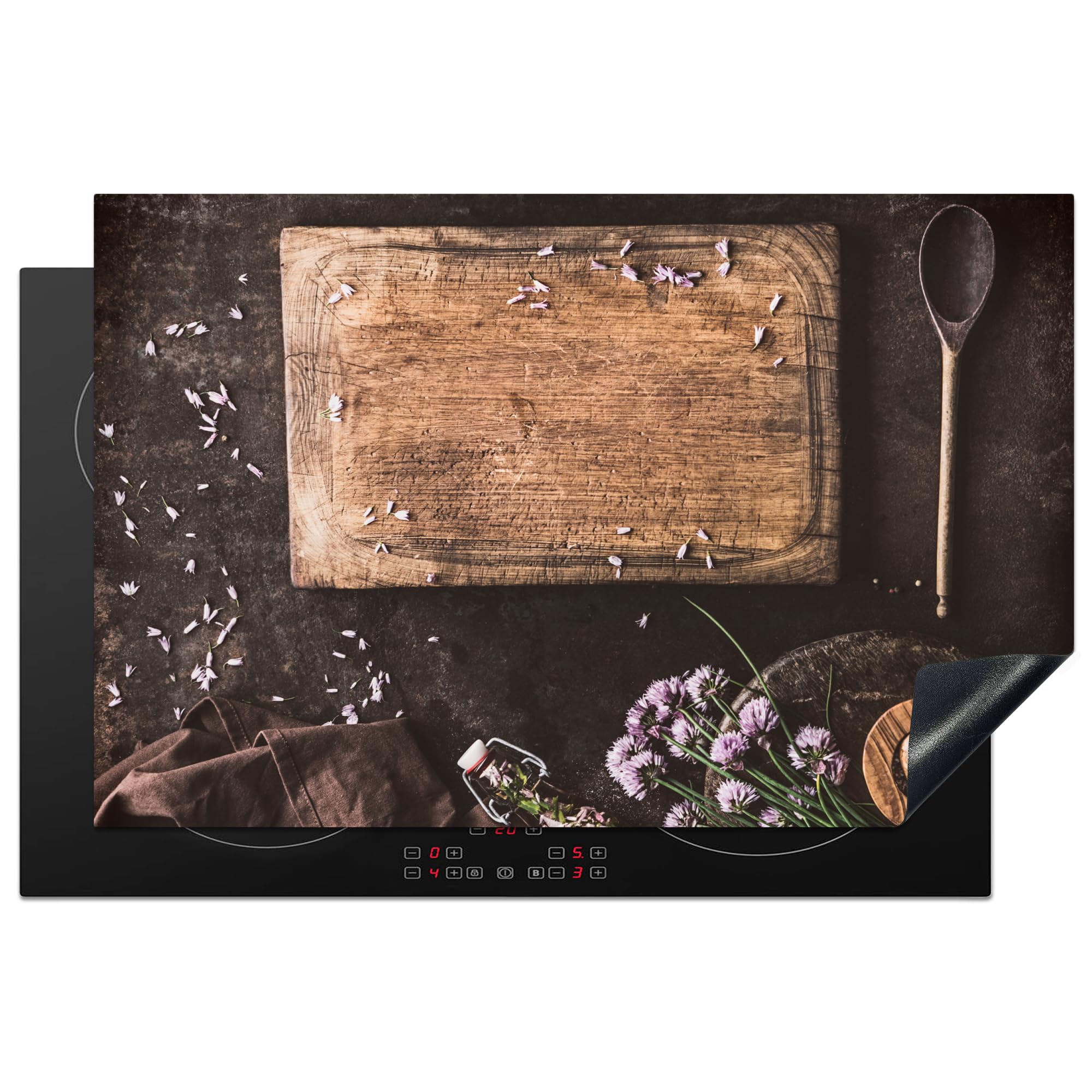 KitchenYeah© Induction Hob Protector Mat 20.5"x31.9" / 81x52 cm Cooker Top Protectors Cover Ceramic Covers Electric Hobs Vinyl Cutting Board - Spices - Spoon - Kitchen - Rustic — image 1