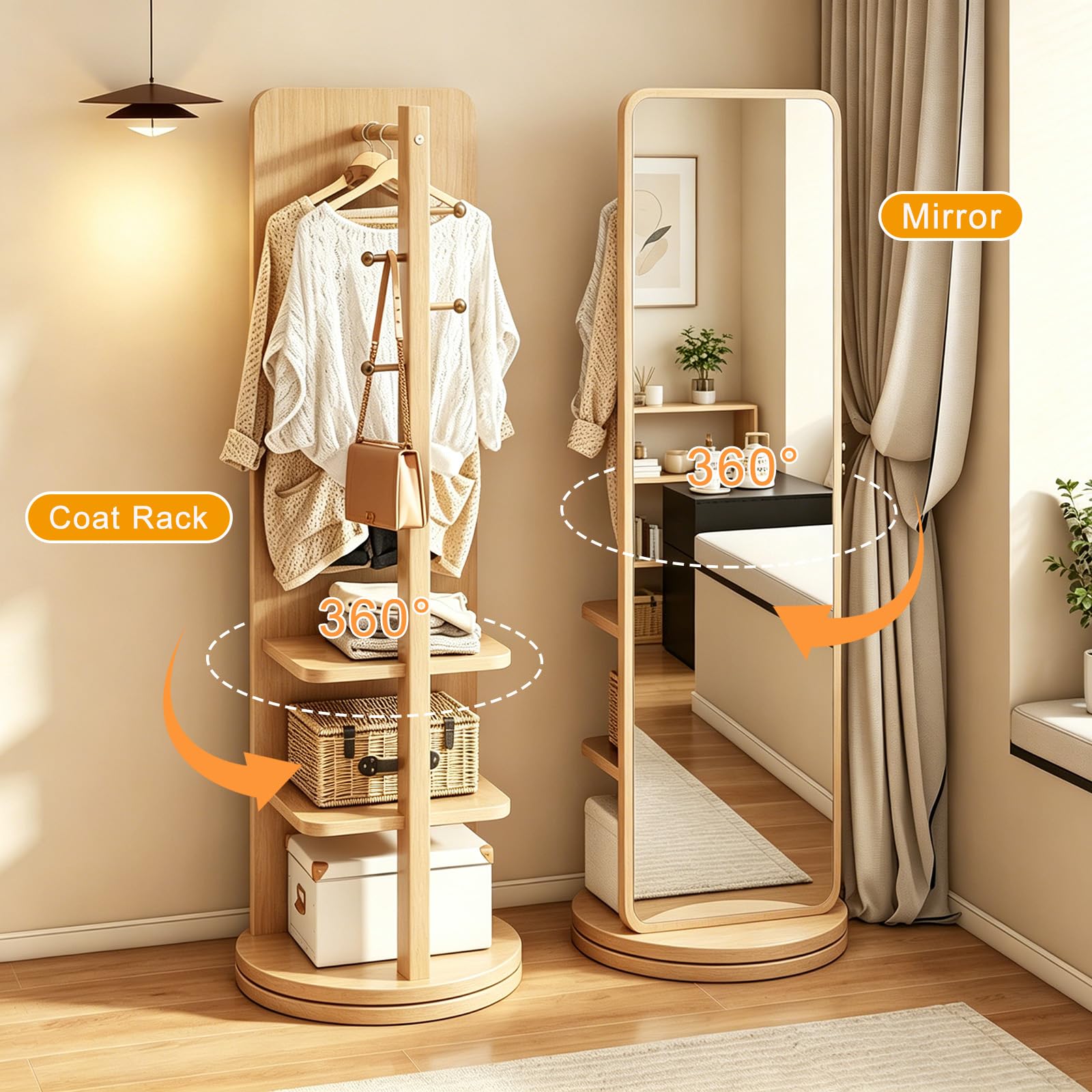 Miroir Pleine Longueur Rotatif à 360° avec Portemanteau en Bois Massif pour Chambre