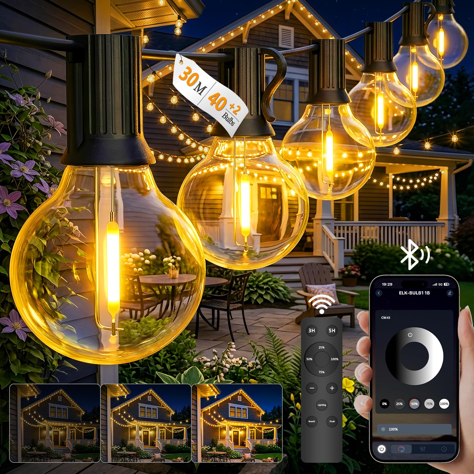Loowoko Guirlande Lumineuse Extérieure 30M G40 - LED Intelligente avec App & Télécommande, Double Contrôle, 40+2 Ampoules Dimmables, IP44, Minuterie pour Jardin, Balcon, Soirées