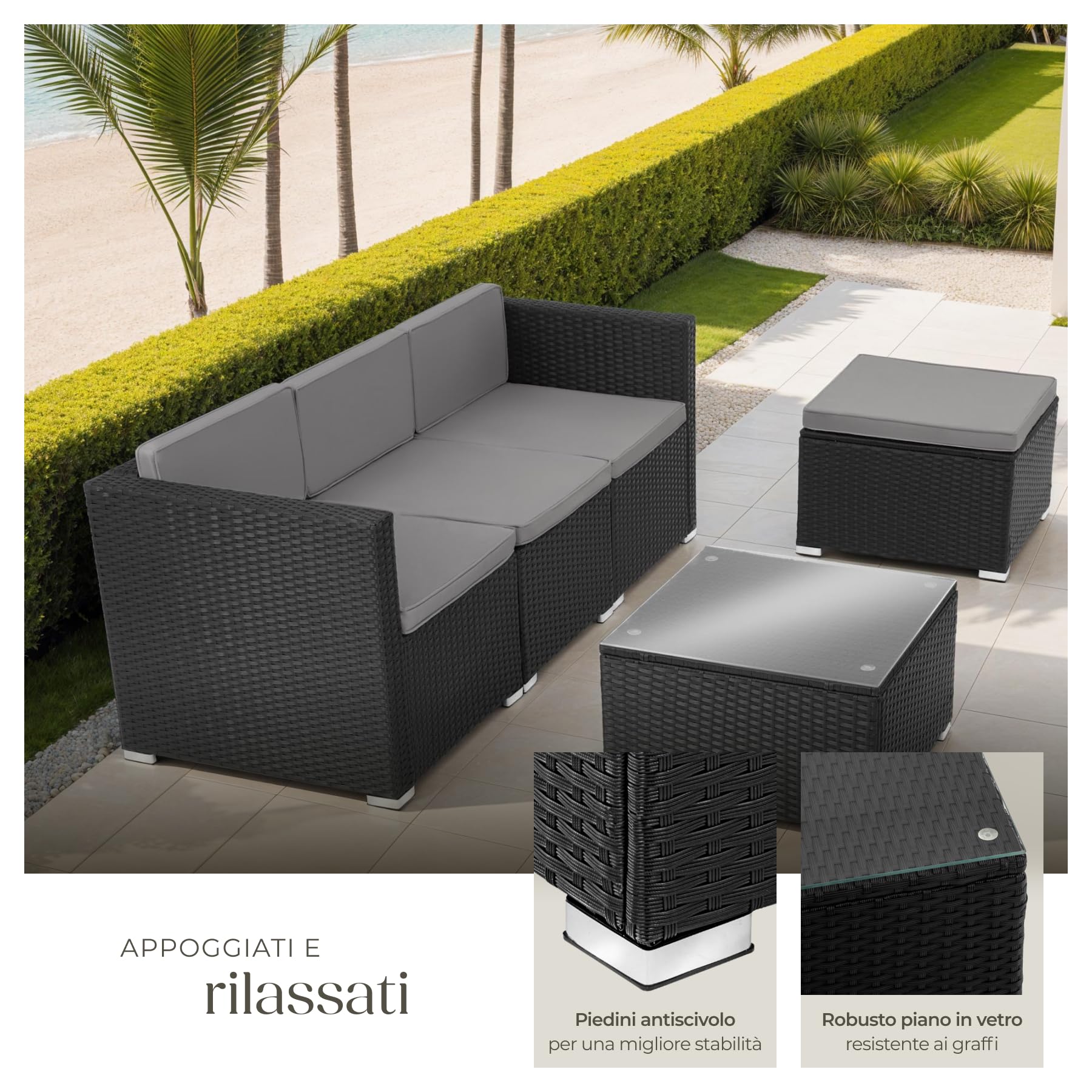 tectake Salottino in Rattan Set da Giardino con Poltrone e Tavolo Vetro di Sicurezza Imbottiture Idrorepellenti UV Nero per 3/4 Persone
