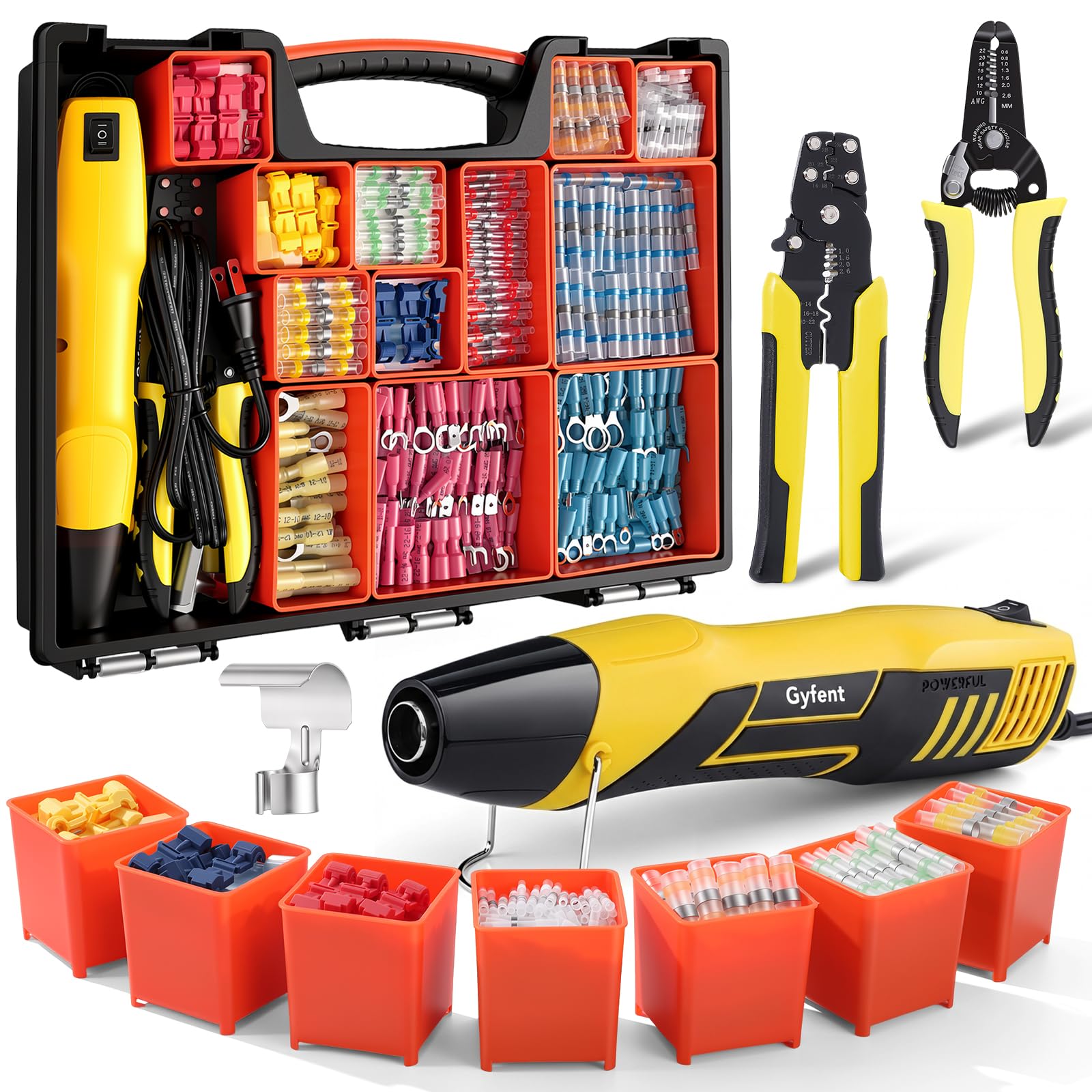 Kit de pistola de calor 3 en 1 con 750 conectores de alambre termorretráctiles y caja de almacenamiento, pistola de calor de 350 W con pelacables AWG22-10 y conectores de alambre de herramienta