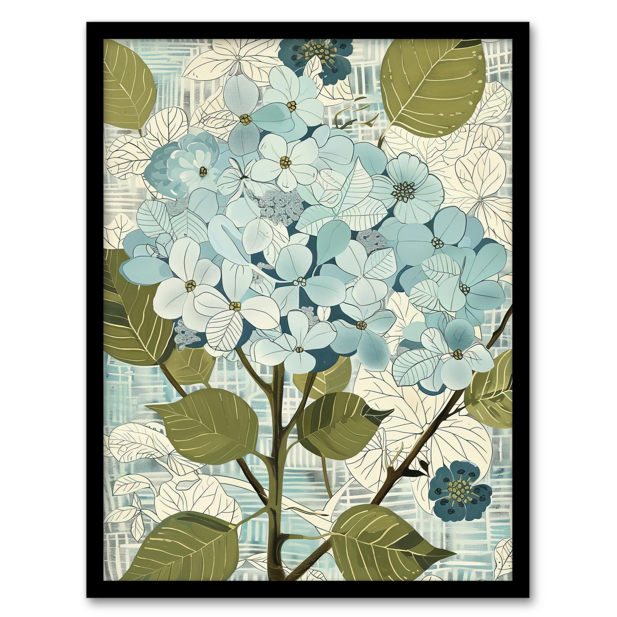 Blue Hydrangea Flowers Artwork - Framed Art Print - Floral Bouquet - A4 Size - Artery8
