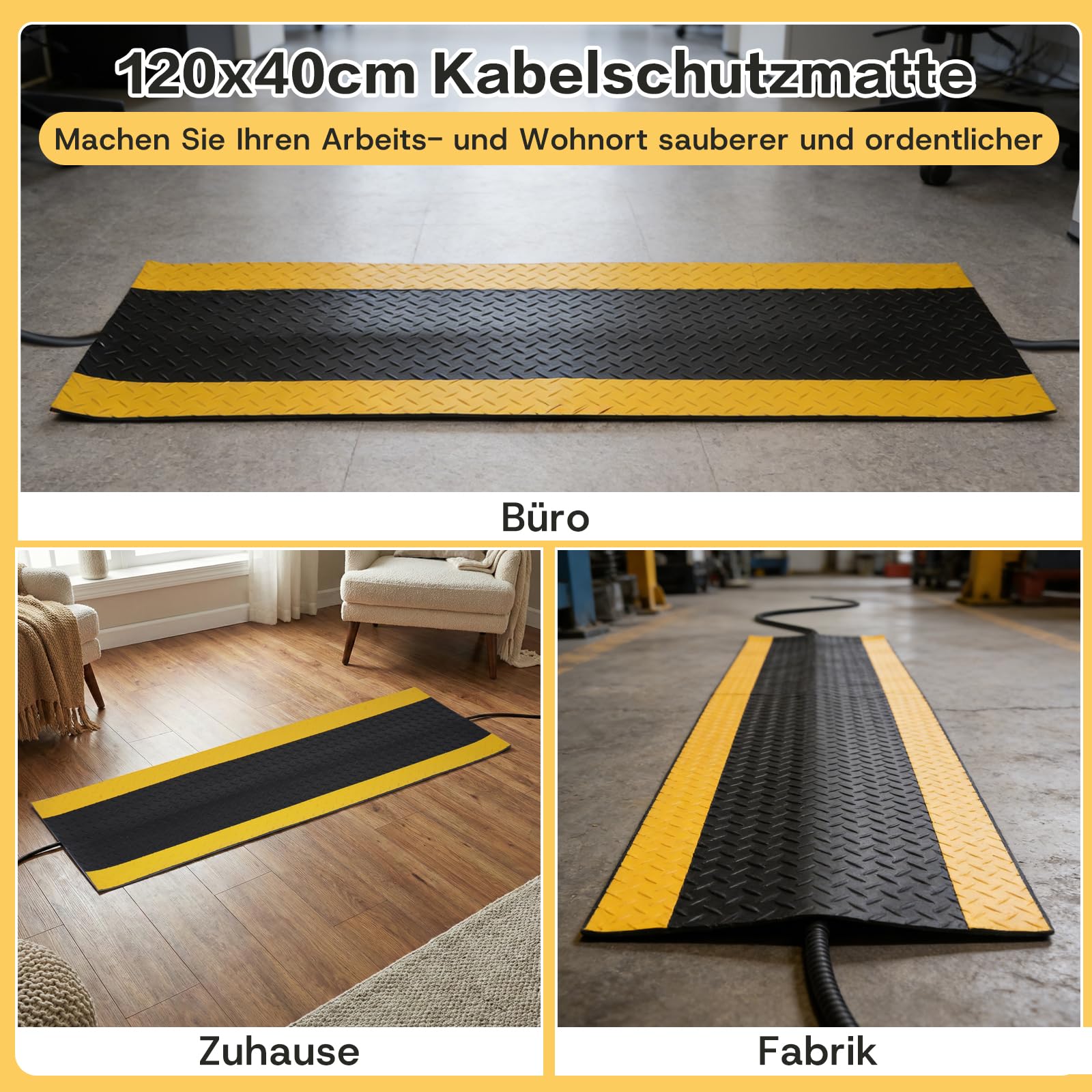 Kabelbrücke Kabelschutzmatte 1200 x 400 x 5 mm, PVC Gummi Kabelkanal Boden, Anti-Rutsch Profil Kabelbrücken für sicheren Kabelschutz