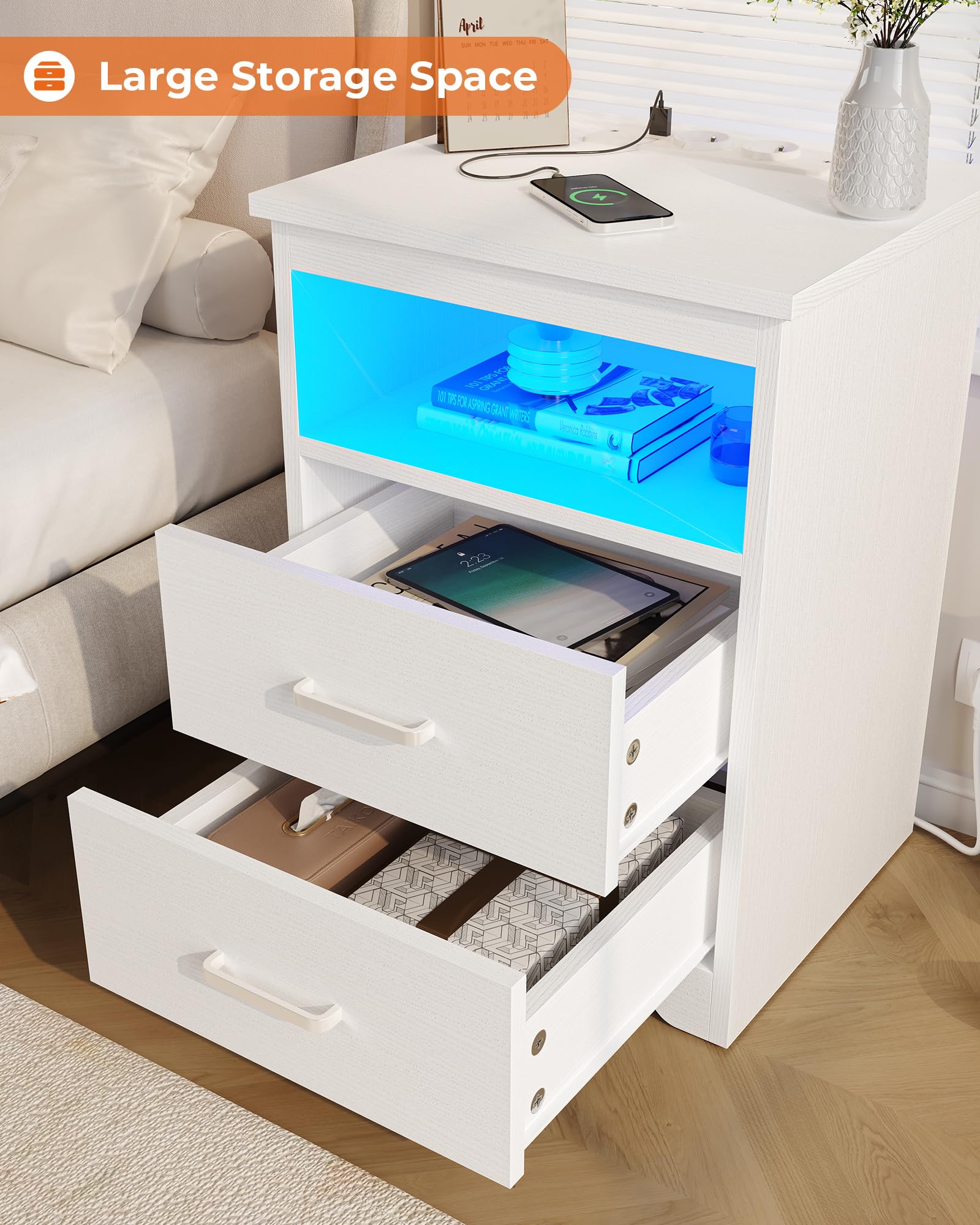 Comodino Con Luci LED E Ricarica USB - 2 Cassetti - Bianco - Per Camera Da Letto - Foto 11