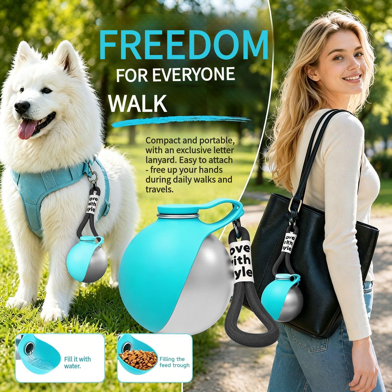 Borraccia portatile per cani, 285 ml, in acciaio inossidabile con ciotola pieghevole in silicone – Antigoccia, ideale per cani e gatti in inverno, in viaggio e in campeggio (Blu)