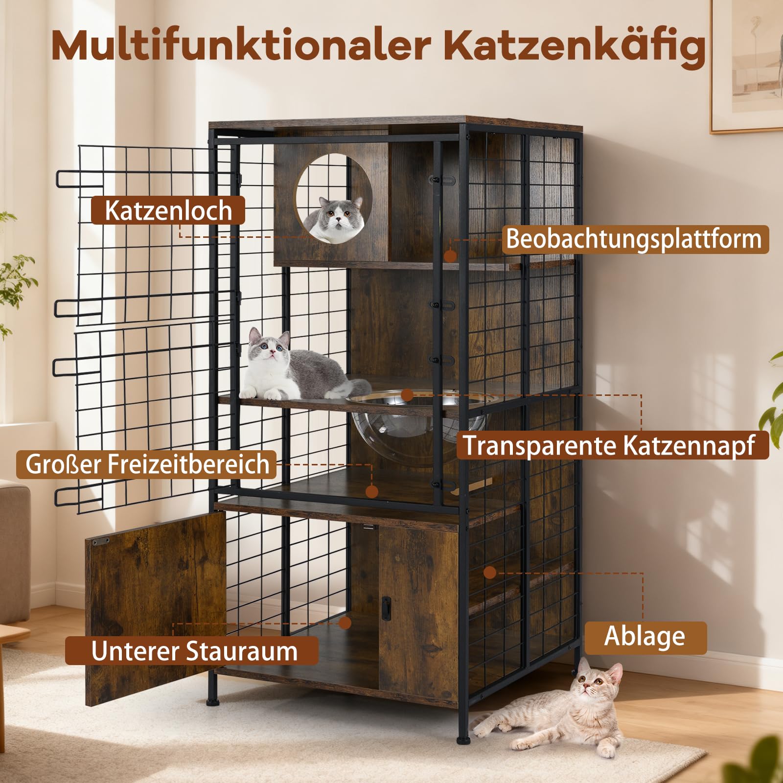 COSTWAY Szafka dla kota z klatką dla kota, kuweta dla kotów, domek dla kota z jaskinią, półkula, drzwiczkami i półkulem, dla kotów, psów, zwierząt domowych, meble dla kotów do wnętrz, metalowa