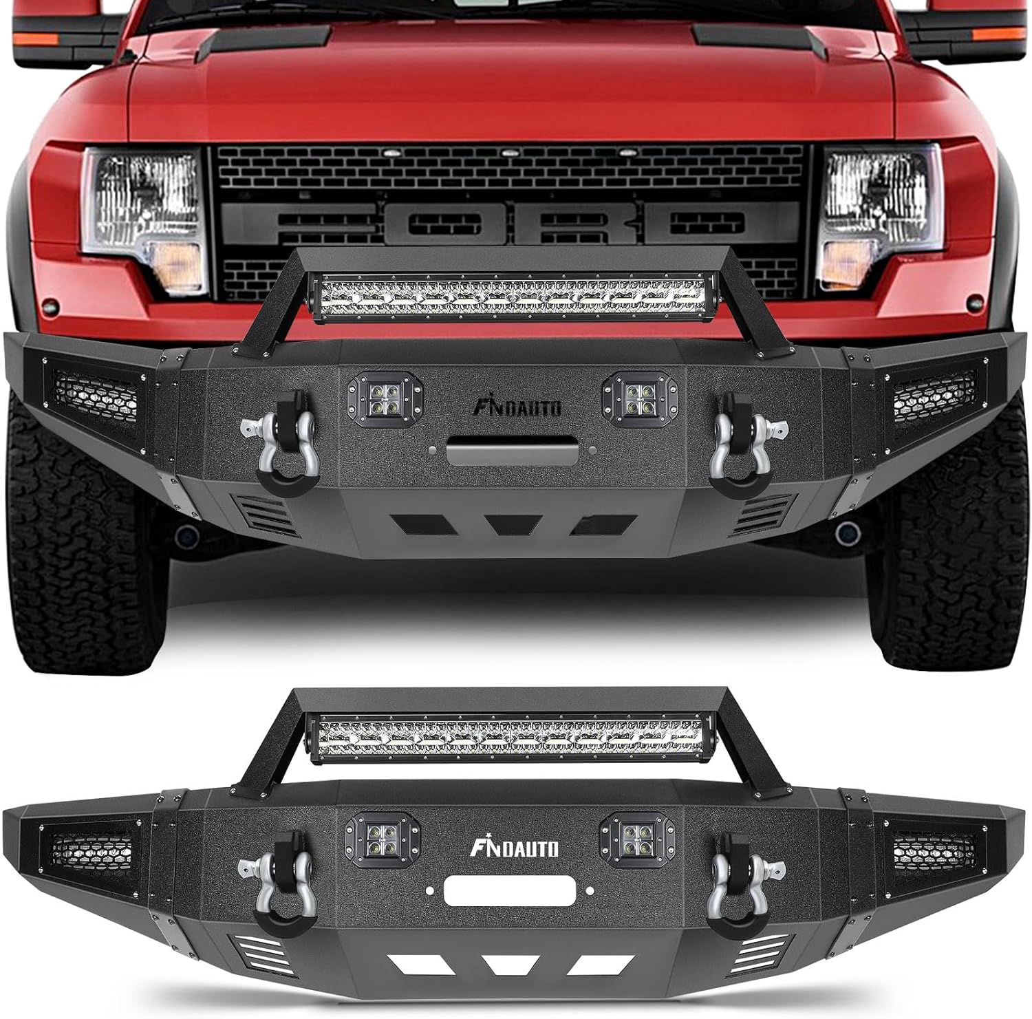 FINDAUTO Front Bumper Fit for 2010-2014 ford F-150 Upgraded with D-ring and Winch Plate,with LED Lights Textured Black Rock Crawler Bumper