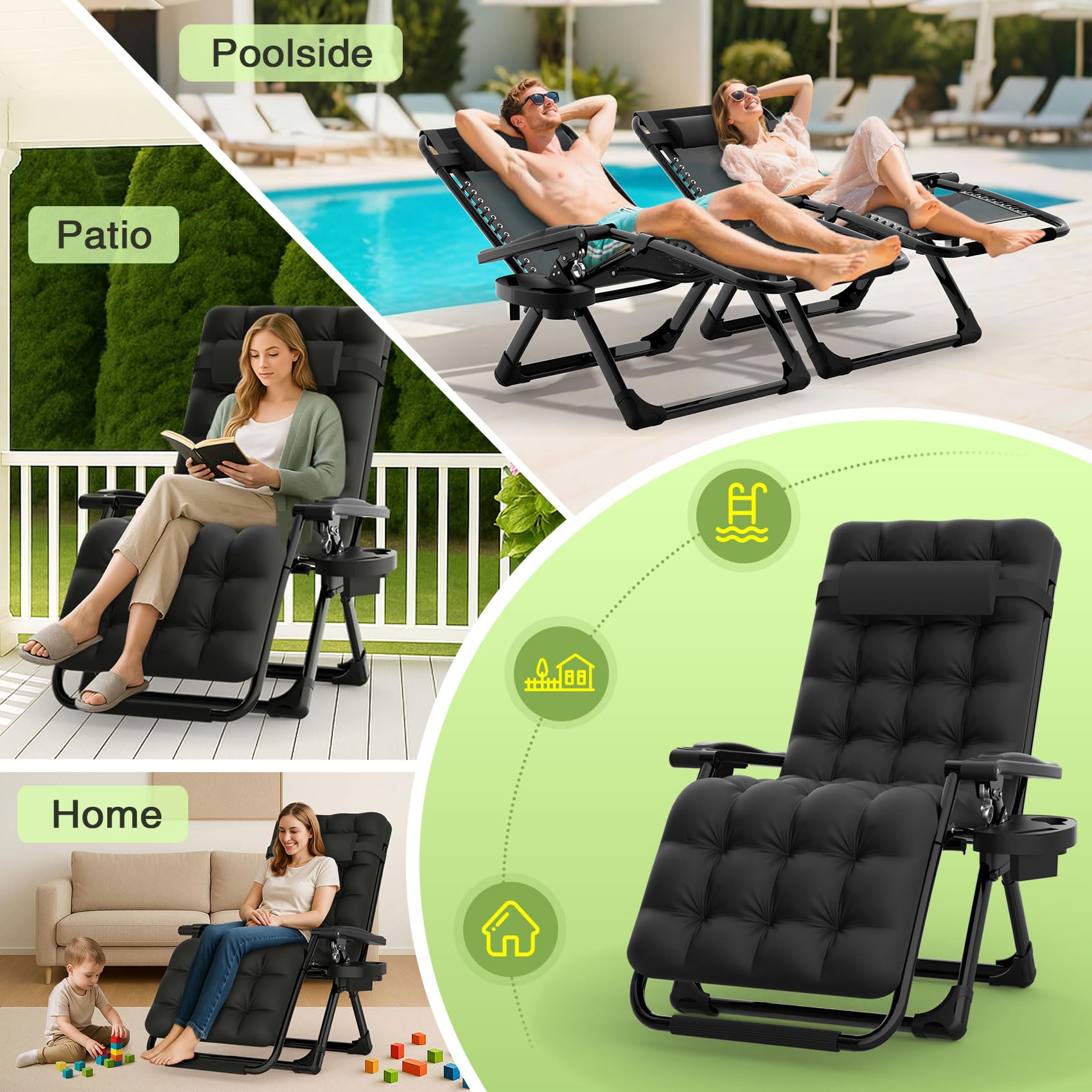 Suteck Zero-Gravity-Sessel, Sonnenliege Klappbar，Verstellbarer Liegesessel mit Abnehmbarem Kissen, Getränkehalter und Verbesserter Arretierung, Klappbarer Camping- und Terrassenstuhl für Erwachsene