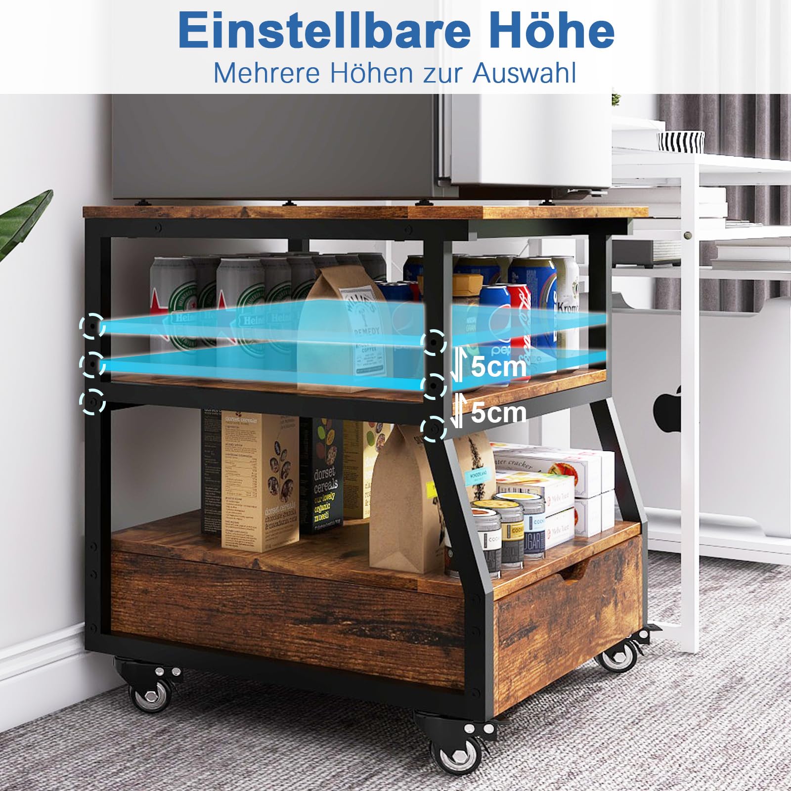 PUNCIA 3-Ebenen Kühlschrankständer Kühlschrankhalter mit Schublade Retro | Untergestell für Kühlschrank auf Rollen Sockel Unterstand für Gefrierschrank Küche Wohnzimmer Office Arbeitszimmer Büro