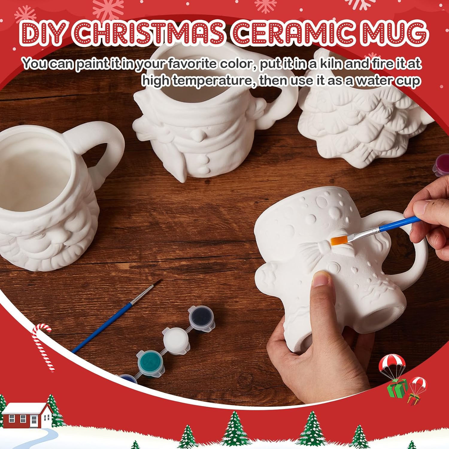 LOYIM Set of 4 Christmas Ceramic to Paint Color Your Own Mugs Christmas Craft Adult Tree Santa Snowman Gingerbread DIY Mug Painting Kit with Paints, Brushes, Palette for Xmas Activity Art Decoration