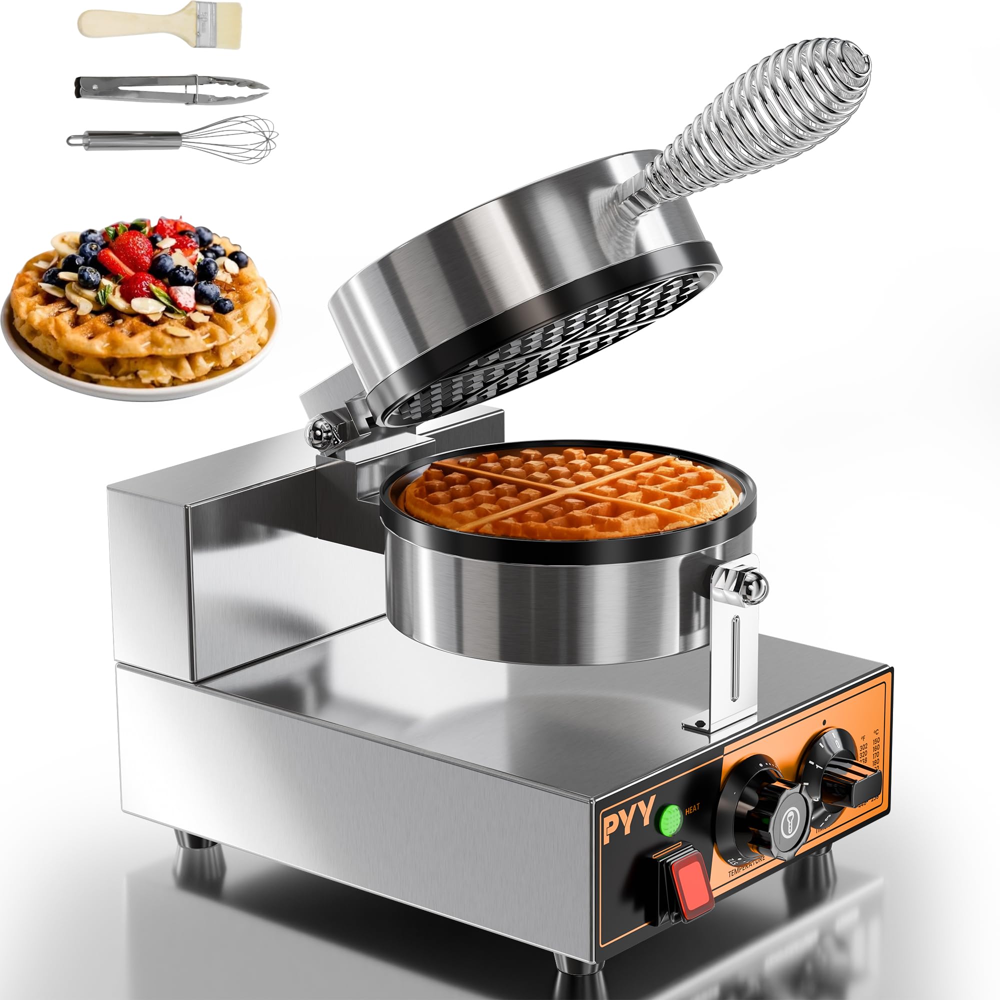 PYY Commercial Waffle Maker - 20Pcs/H Stainless Steel Round Belgian Waffle Machine, 1300W Non-stick Waffle Iron, Time Control and Temperature Adjustable, for Home Kitchen, Restaurant, Silver