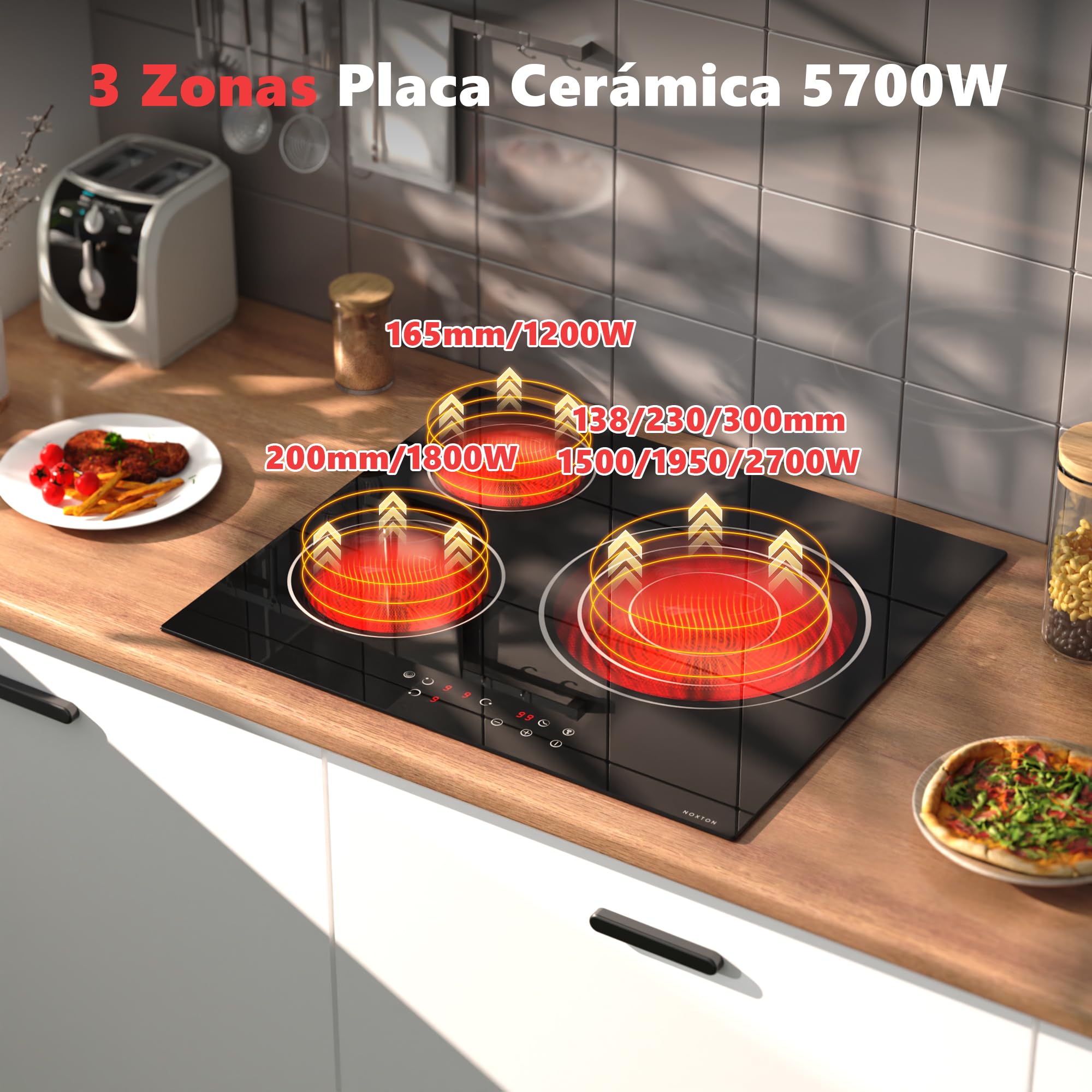 Placa vitrocerámica 3 fuegos autosuficiente 60 cm, con control táctil