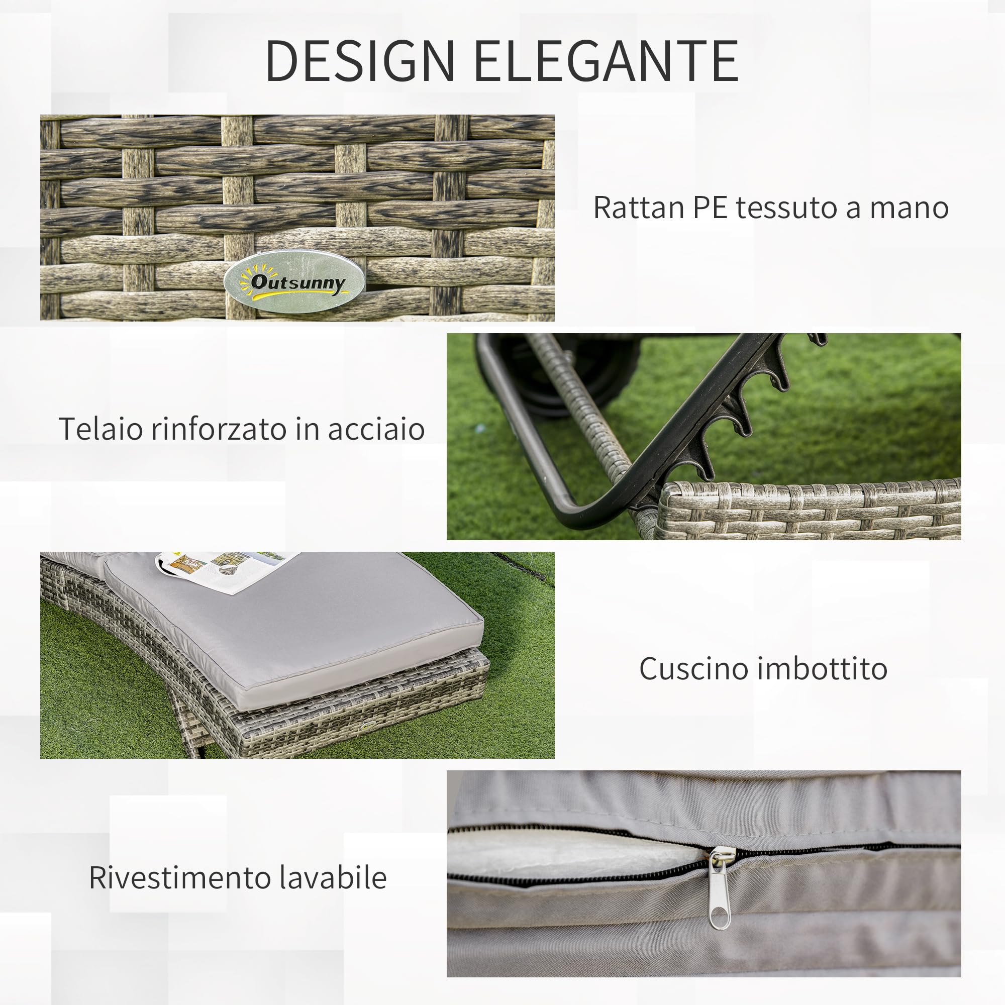 Outsunny Sdraio da Giardino in Rattan PE Lettino 207x70x70cm Grigio