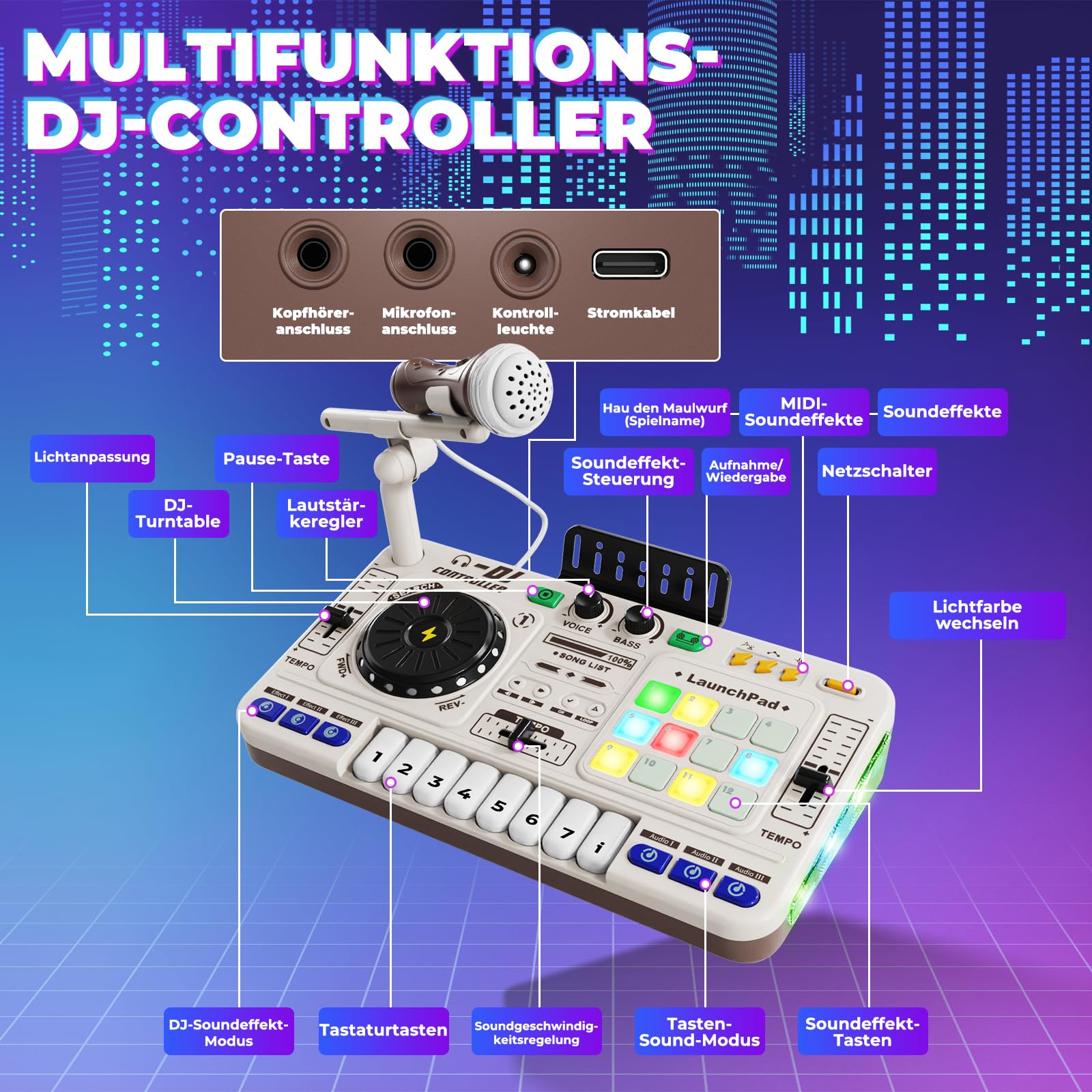 DJ Pult DJ Mischpult für Kinder 3-10 Jahre DJ Mixer DJ Controller | mit Mikrofon, 100+ Soundeffekten, mit Licht Akku Ideales Geschenk Spielzeug für DJ-Mixer Jungen Mädchen 4 5 6 7 8 9 Jahre