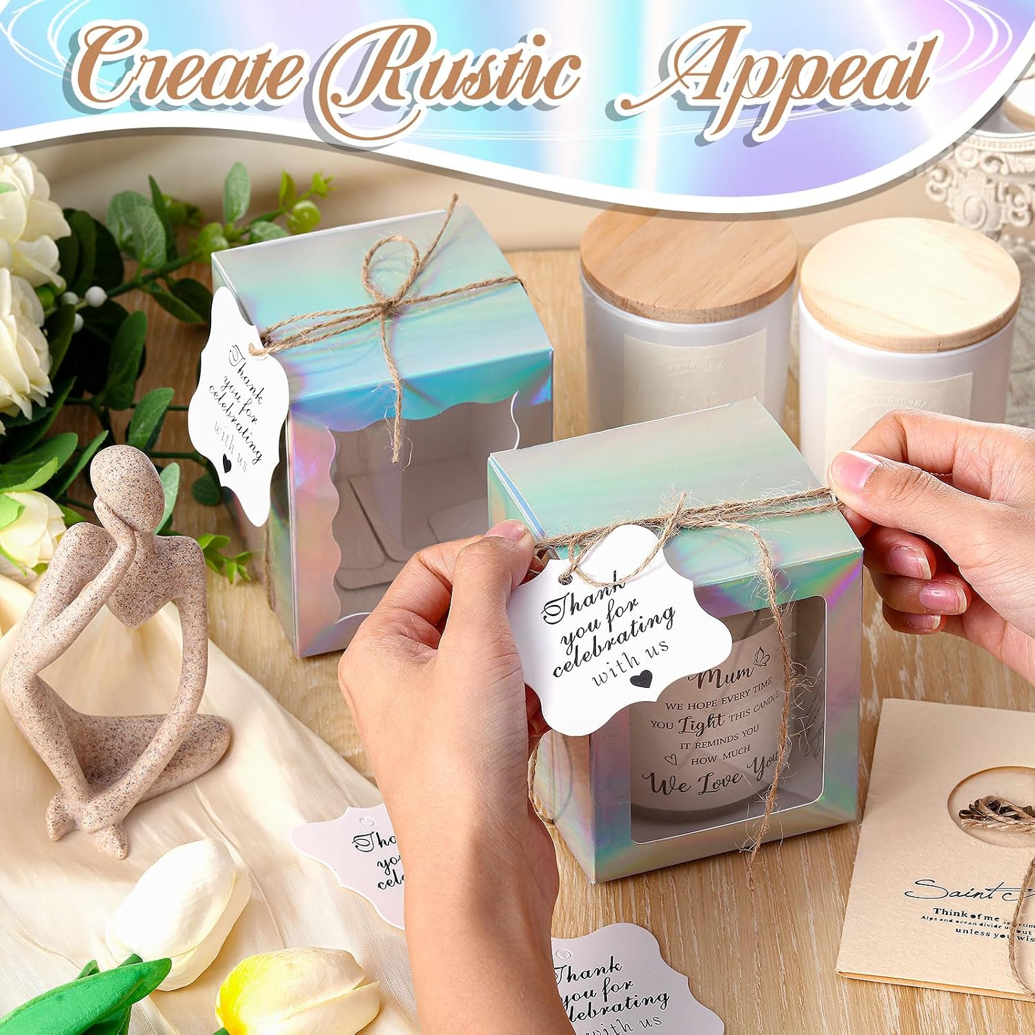 ReliThick 100 Set Candle Gift Box Transparent Gift Packaging Box for 4-10 oz Candles 50 Paper Thank You Tag Bundle Hemp Rope for Wedding Baby Shower Party Favor, 3.35x3.35x3.94 in (Laser)