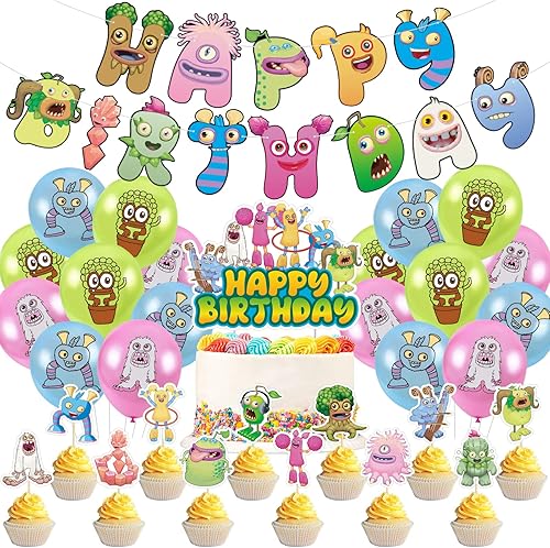Decoraciones de fiesta de cumpleaños de monstruos cantantes, suministros de fiesta de monstruos, pancartas para fiestas, globos para decoración de