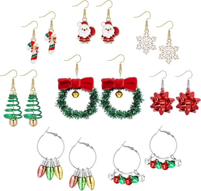 ORAZIO 8 Pairs Christmas Earrings For Women Christmas Snowflake Bells Xmas Tree Wreath Light Bulb Bow Drop Dangle Earrings Hook Thanksgiving Holiday Earrings Set