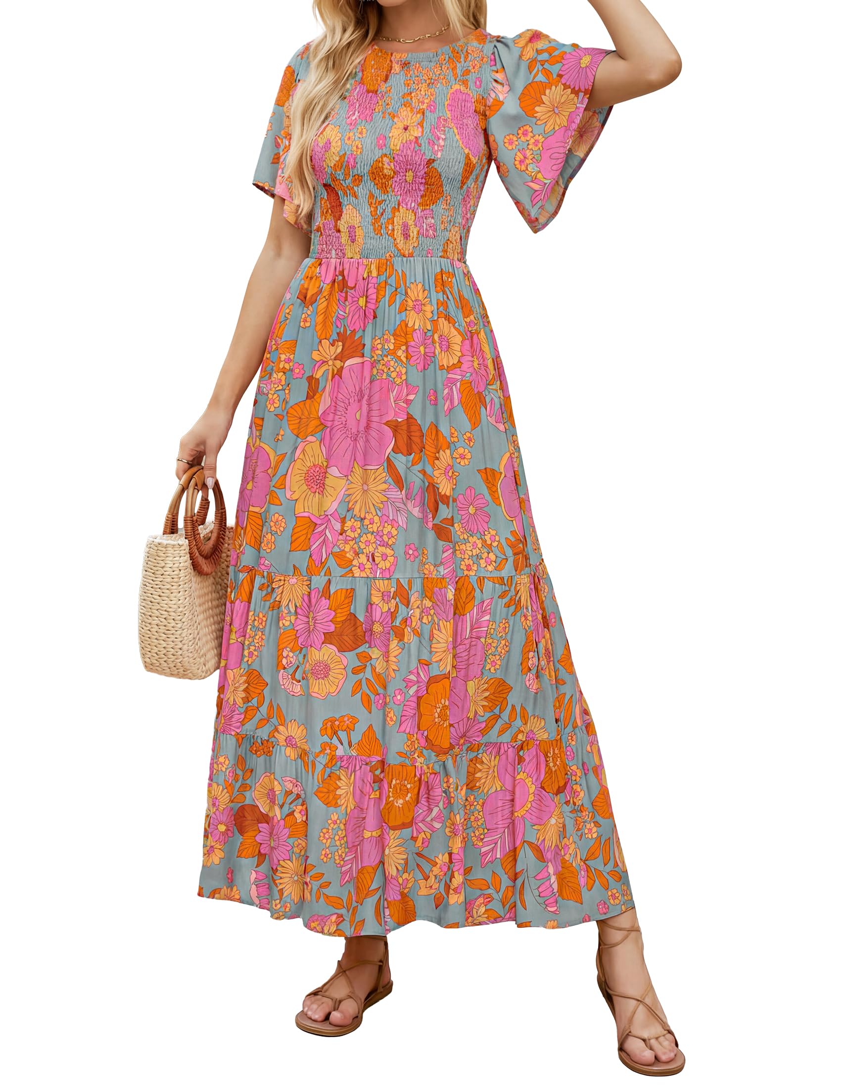 Women's 2026 Summer Casual Floral Print Short Flutter Sleeve Crew Neck Smocked High Waist Flowy Maxi Dress