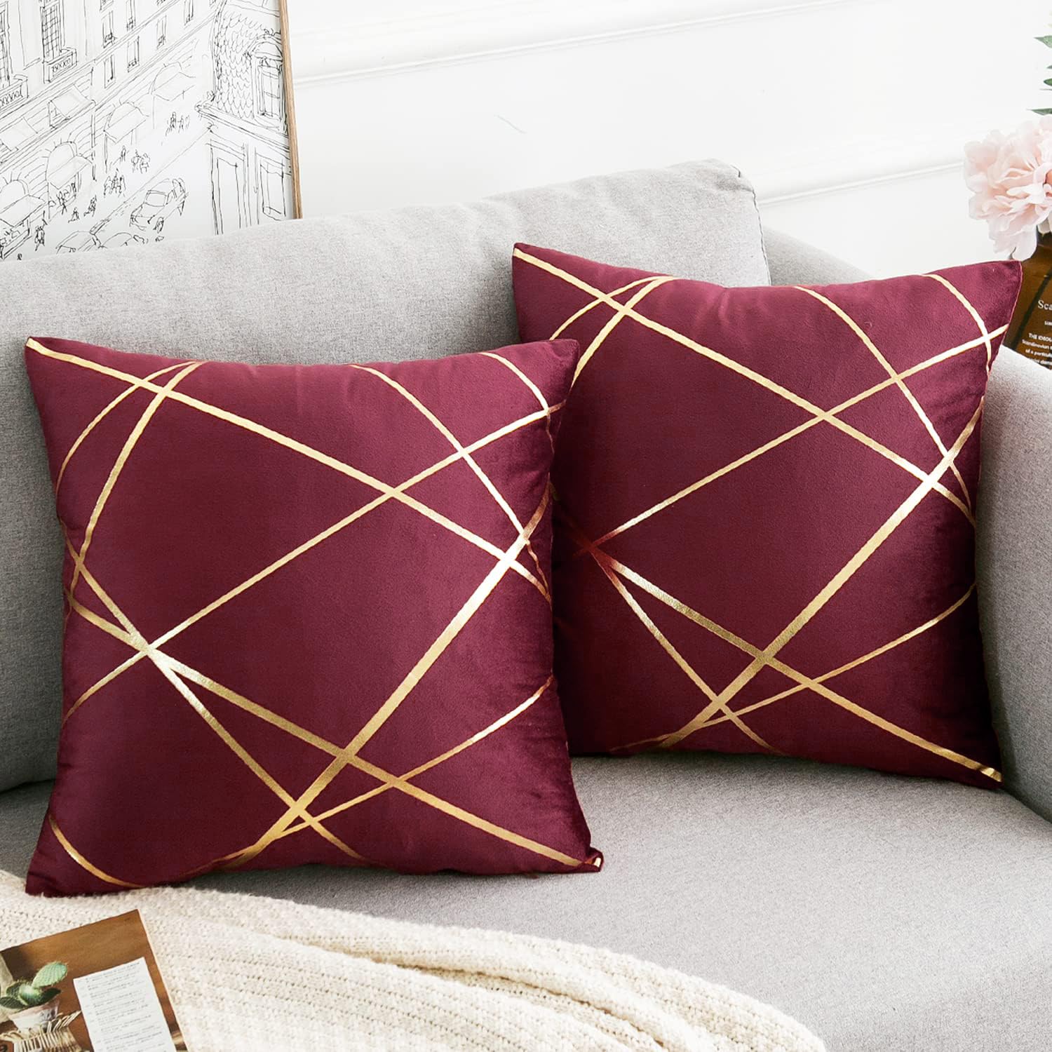 Fundas de Cojines 50x50 CM Vino Rojo Terciopelo Suave Cojín Decorativo Geométrico Juego de Cama Rectángulo Cubierta de Almohada Moderna para Verano Sala de Estar Dormitorio Sofá Almohadilla Lumbar