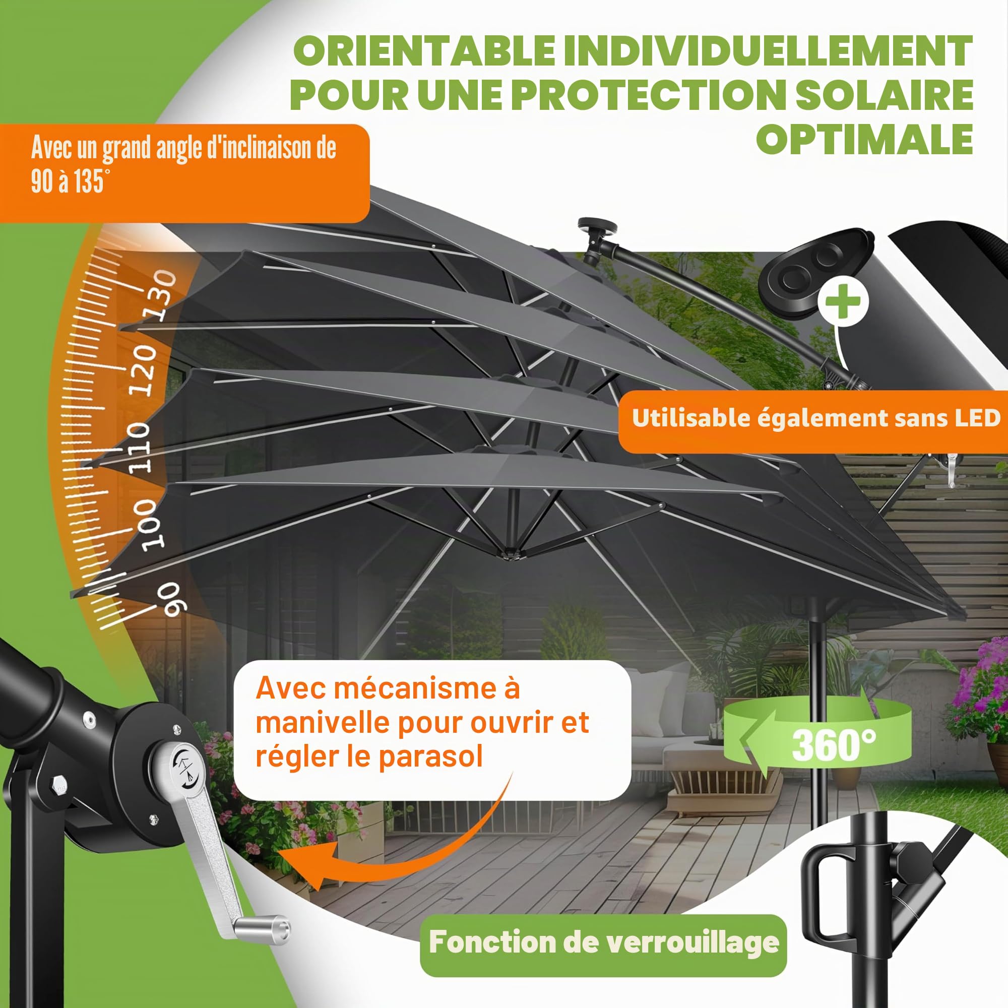 KESSER Parasol solaire LED en aluminium - Diamètre 300 cm - Télécommande, housse, cordes de sécurité - Manivelle, support - 360 ° - Protection UV