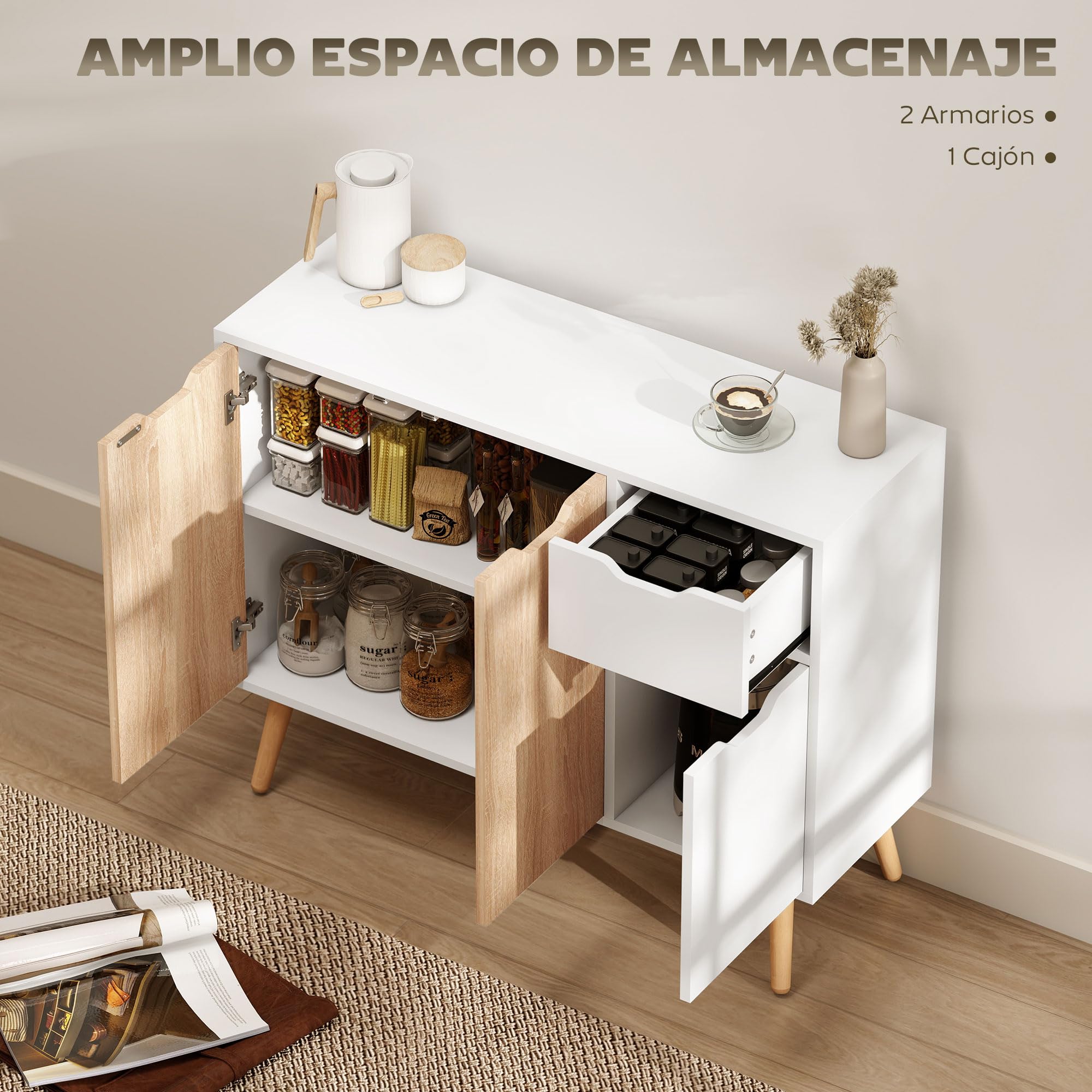 HOMCOM Aparador Moderno Aparador para Salón con 3 Puertas y Cajón Mueble Auxiliar para Salón Cocina Dormitorio 90x30x72 cm Blanco y Natural