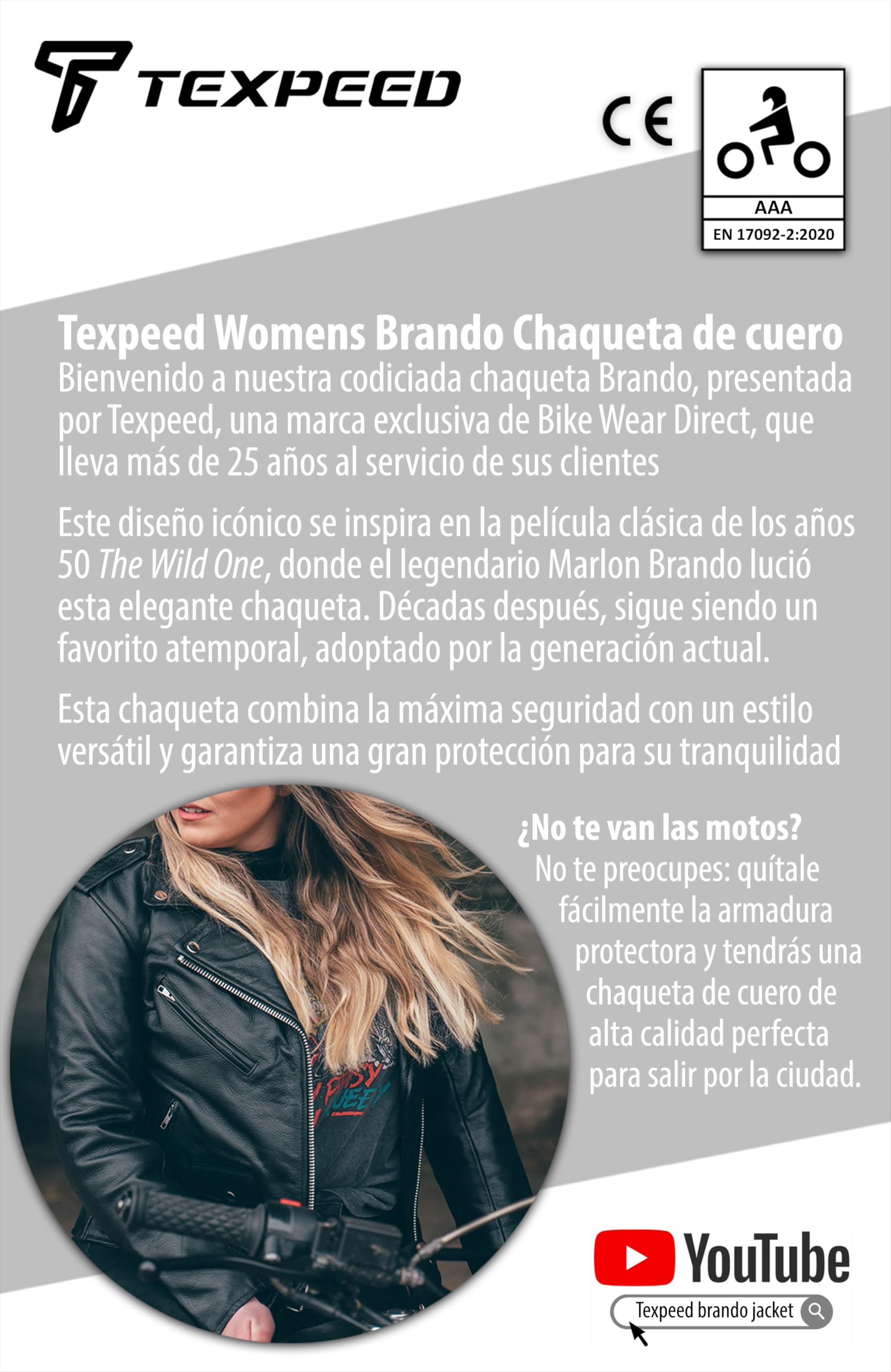 Texpeed perfect Marlon Brando Chaqueta de moto de cuero para mujer - Chaqueta de moto Touring de protección genuina CE Armor Biker (EN 1621-1) Negro - 5XL