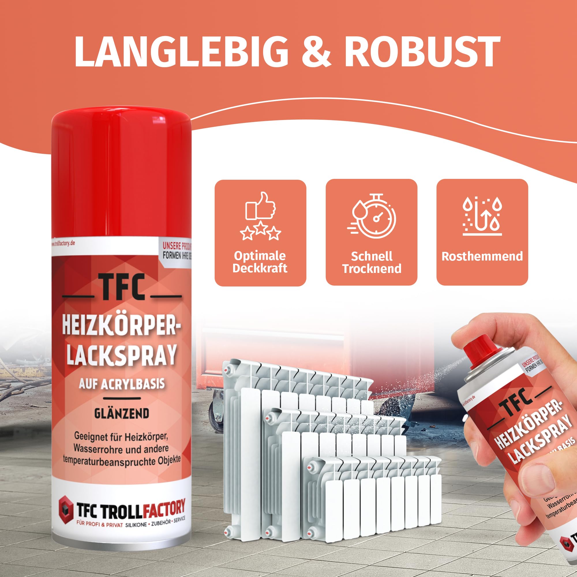 TFC lakier do grzejników w sprayu – błyszczący, czysta biel, spray na bazie akrylu do grzejników i rur wodnych, łatwe zastosowanie, doskonałe krycie, szybkoschnący i odporny na promieniowanie UV, 2 x