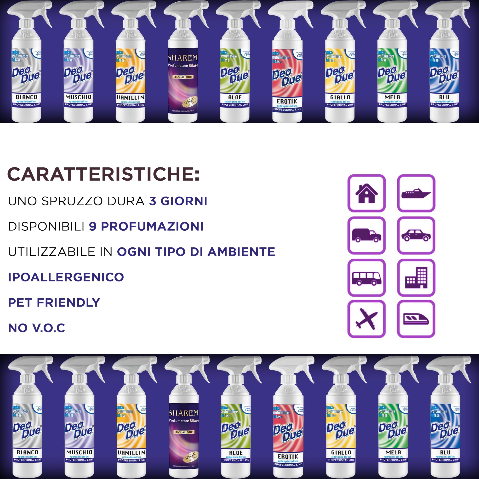 Cubex Professional | Set mit 6 Deo due Sharem, zweiphasiger Raumduft 500 ml von hoher Qualität für Innen, Außen und Reinigung, ideal für Vorhänge, Stoffe und Räume, die von Haustieren bewohnt werden