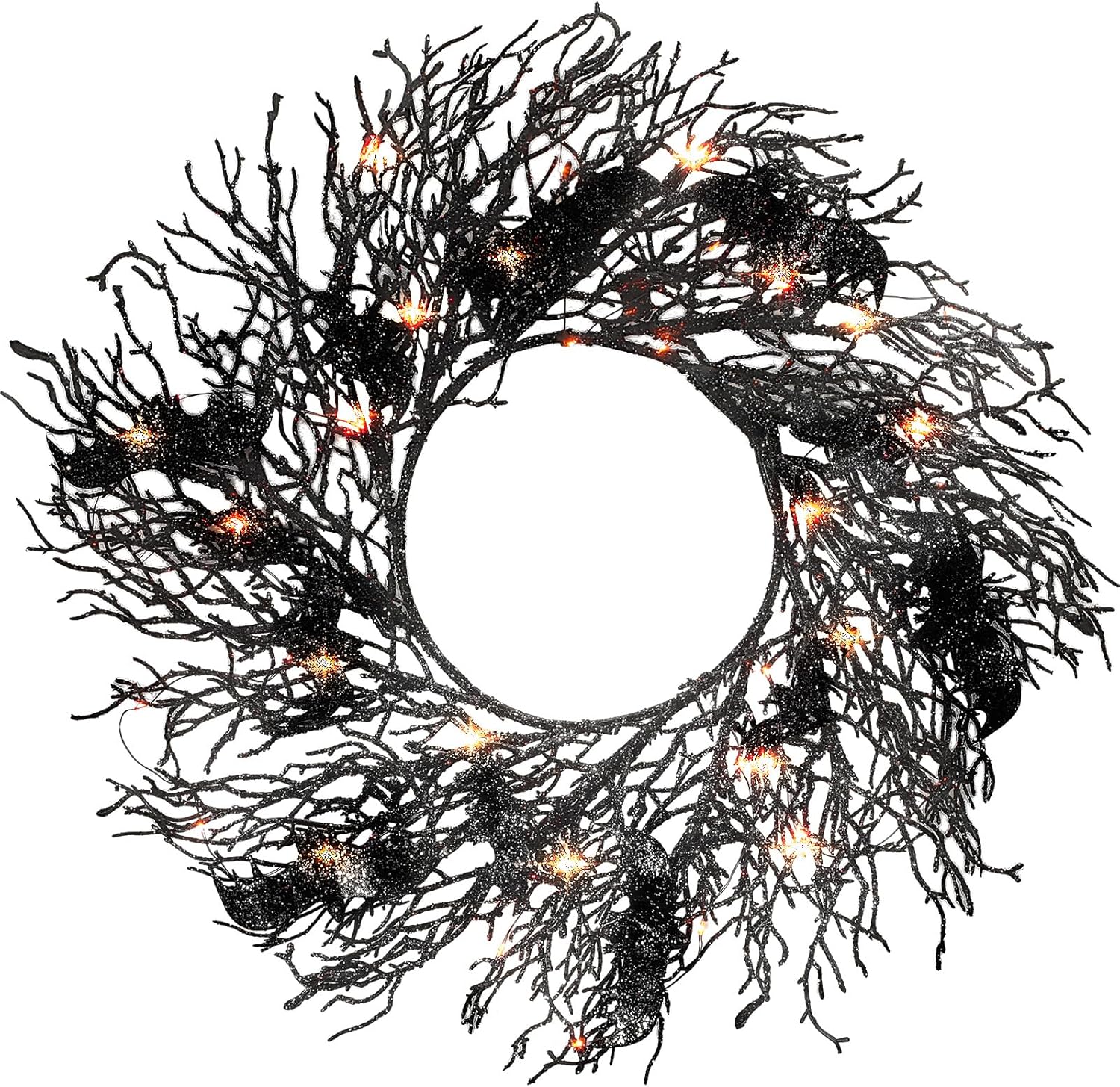 Dingion 26'' Artificial Black Twig Wreath with Glitter Bats - Halloween Black Bat Wreath Hanging Decoration for Front Door, Window, Indoor & Outdoor Halloween Party Decor