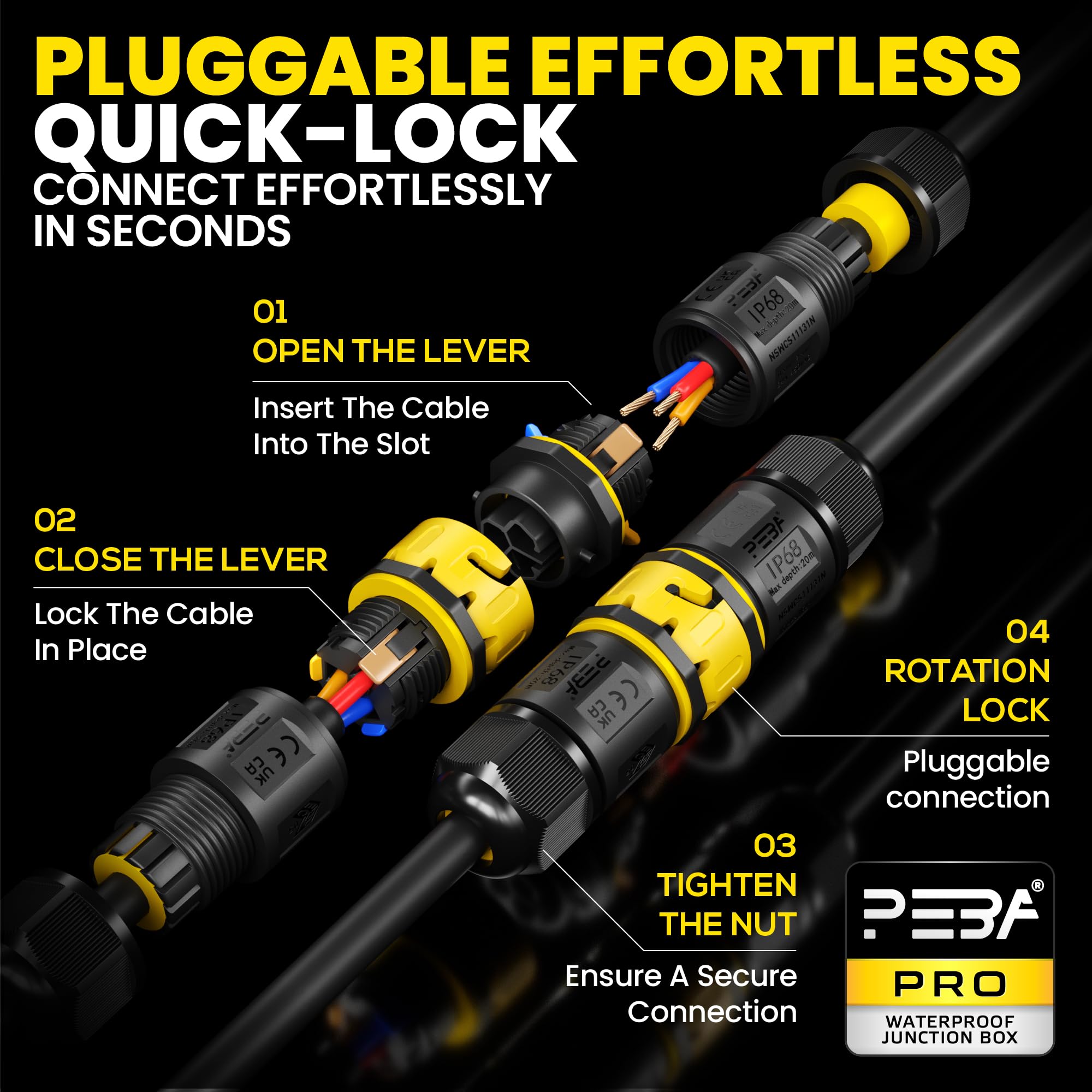 PEBA IP68 Waterproof Cable Connector, 3-Pin, Plug-in Waterproof Cable Connector - Image 2
