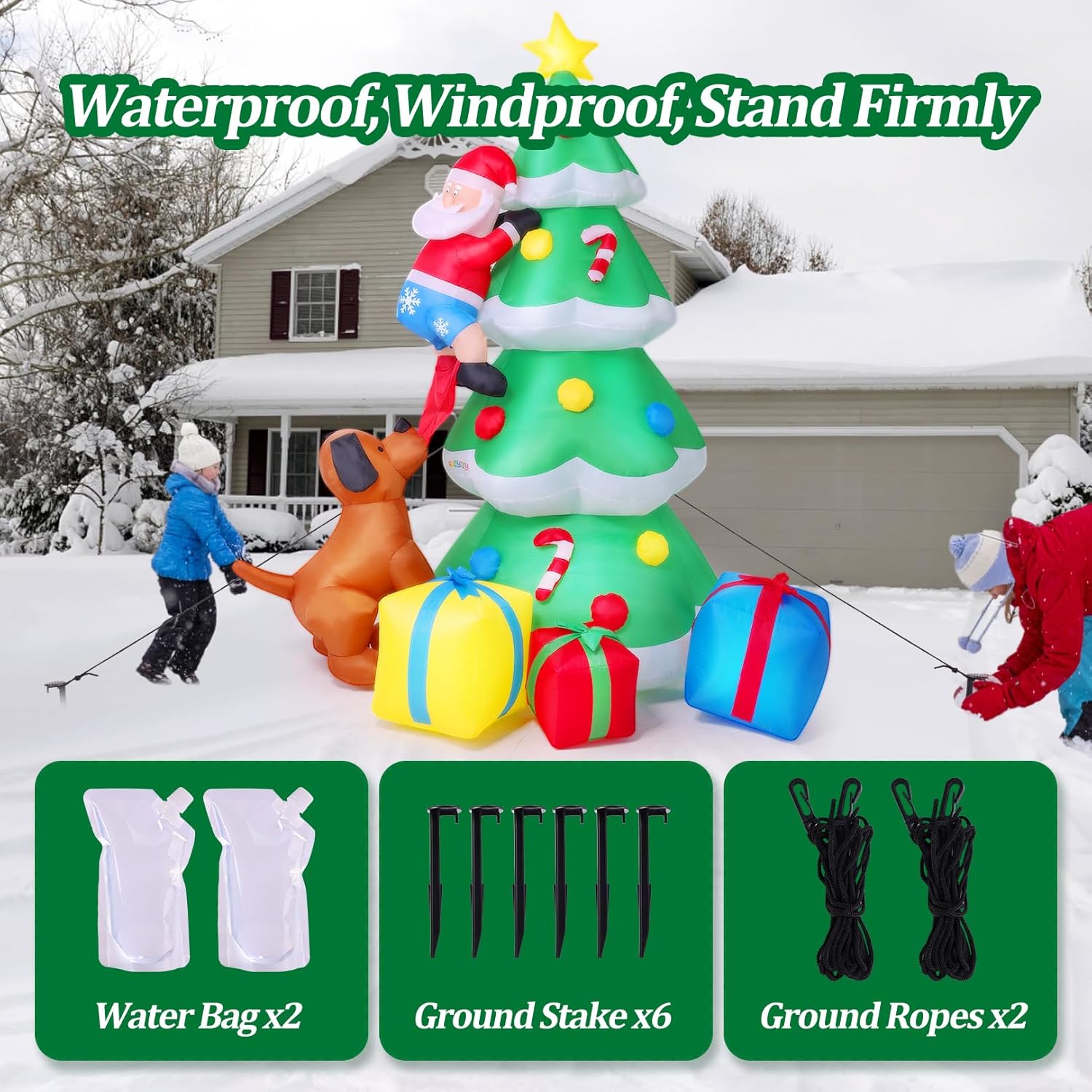 AKEYDIY 7.7 FT Christmas Inflatable Christmas Tree Outdoor Decorations, Santa Climbing Tree Chased by Dog Built-in LED Lights Inflatable Tree with Gift Boxes Clearance for Yard, Holiday, Parties
