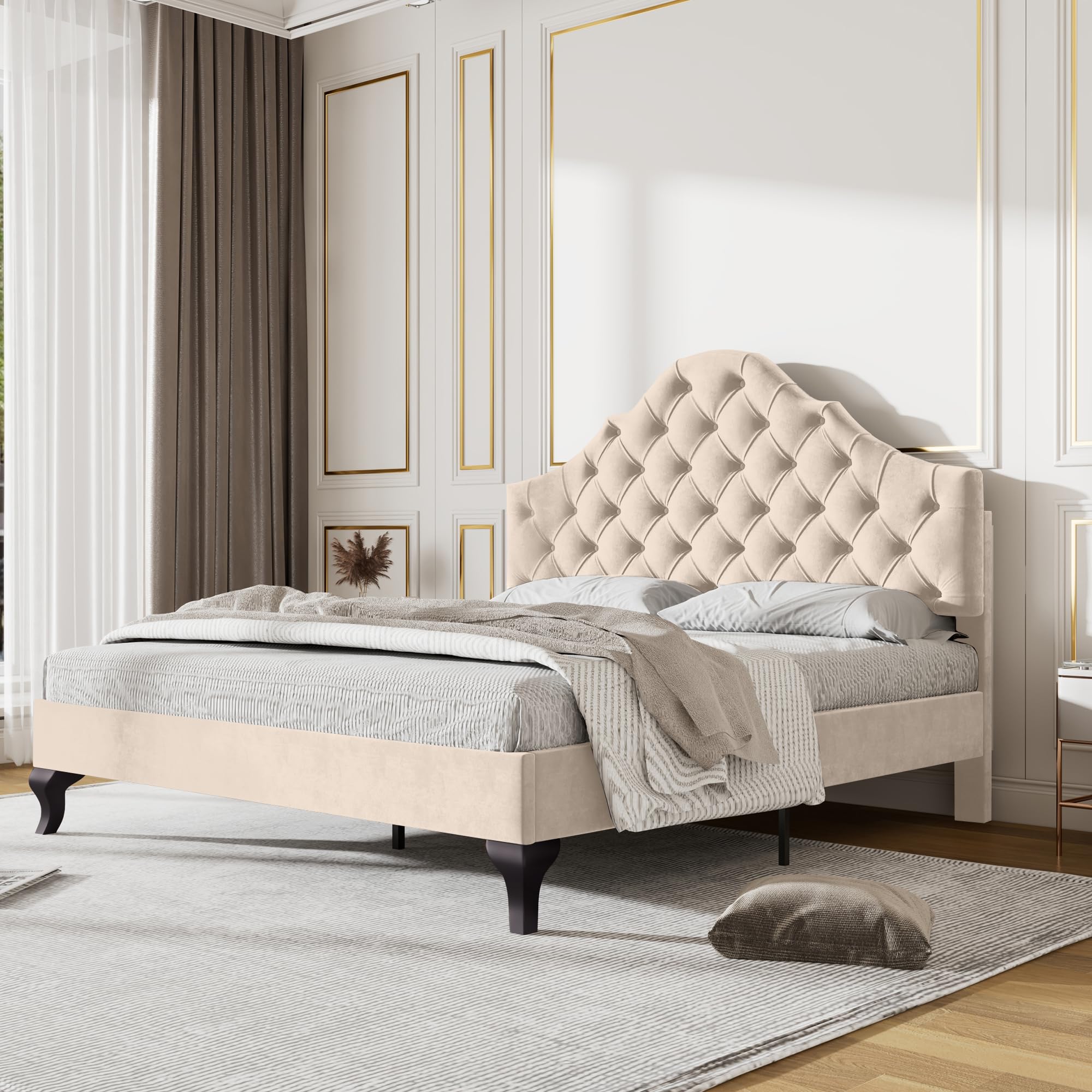 Merax Double bed frame, 4ft6 Double Upholstered Bed, Adjustable Chic Headboard, Sturdy Wooden Slat Support, Velvet Fabric (No Mattress), Beige+Velvet/135CM*190CM — image 1
