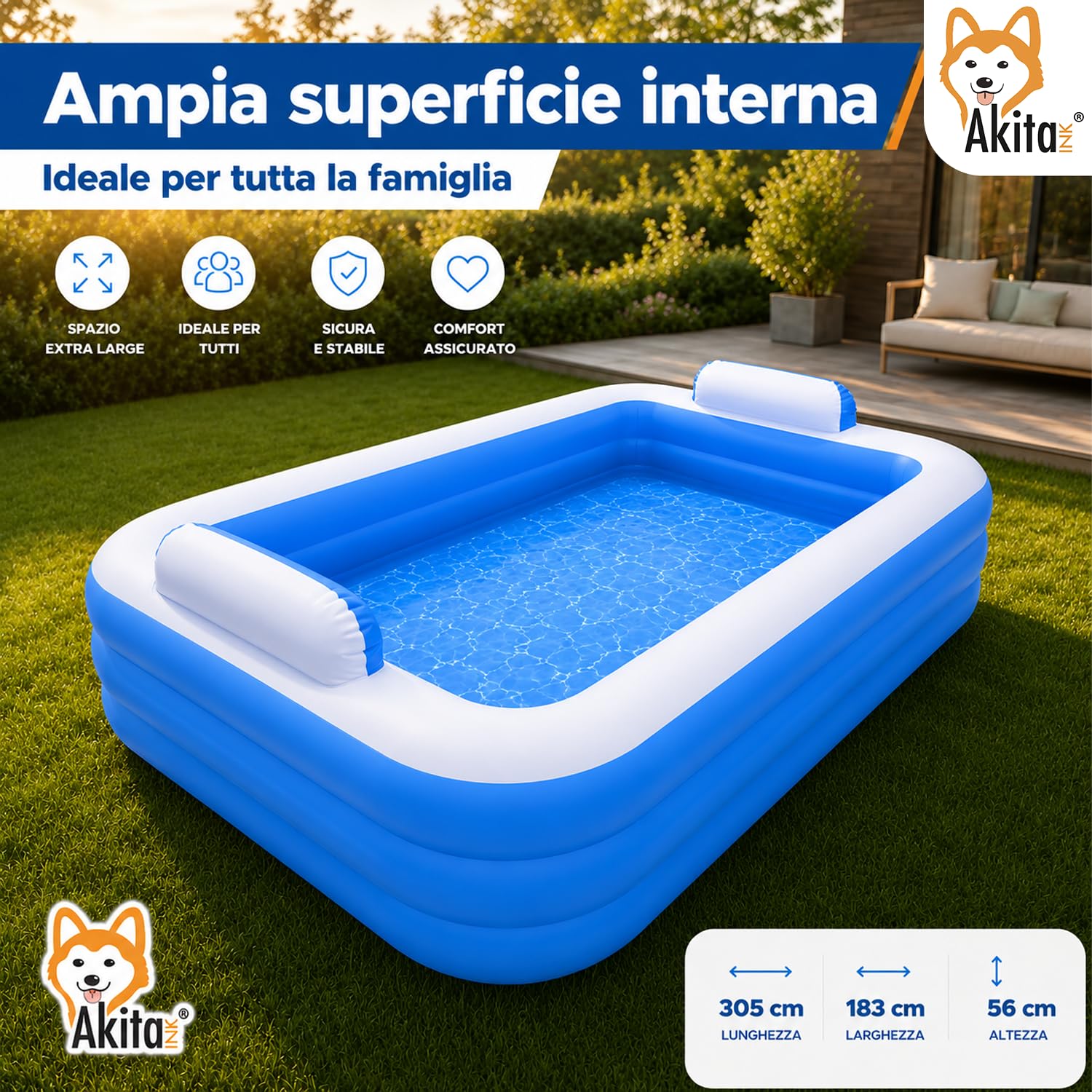 Akitaink Piscina Gonfiabile 305x183x56 cm con 3 Anelli, Piscina Familiare in Vinile Resistente per Giardino, Colori Azzurro e Bianco, Adatta ad Adulti e Bambini dai 6 Anni