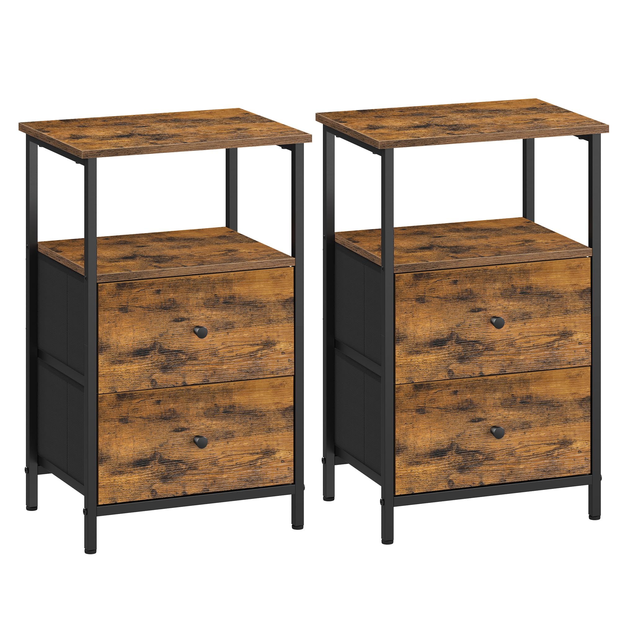 VASAGLE Set di 2 Comodini, Tavolino con 2 Cassetti in Tessuto, Alto 61 cm, con Ripiano Portaoggetti, per Soggiorno Camera da Letto, Marrone Vintage, Inchiostro e Nero Opaco LGS225K01, 38 x 28 x 61 cm