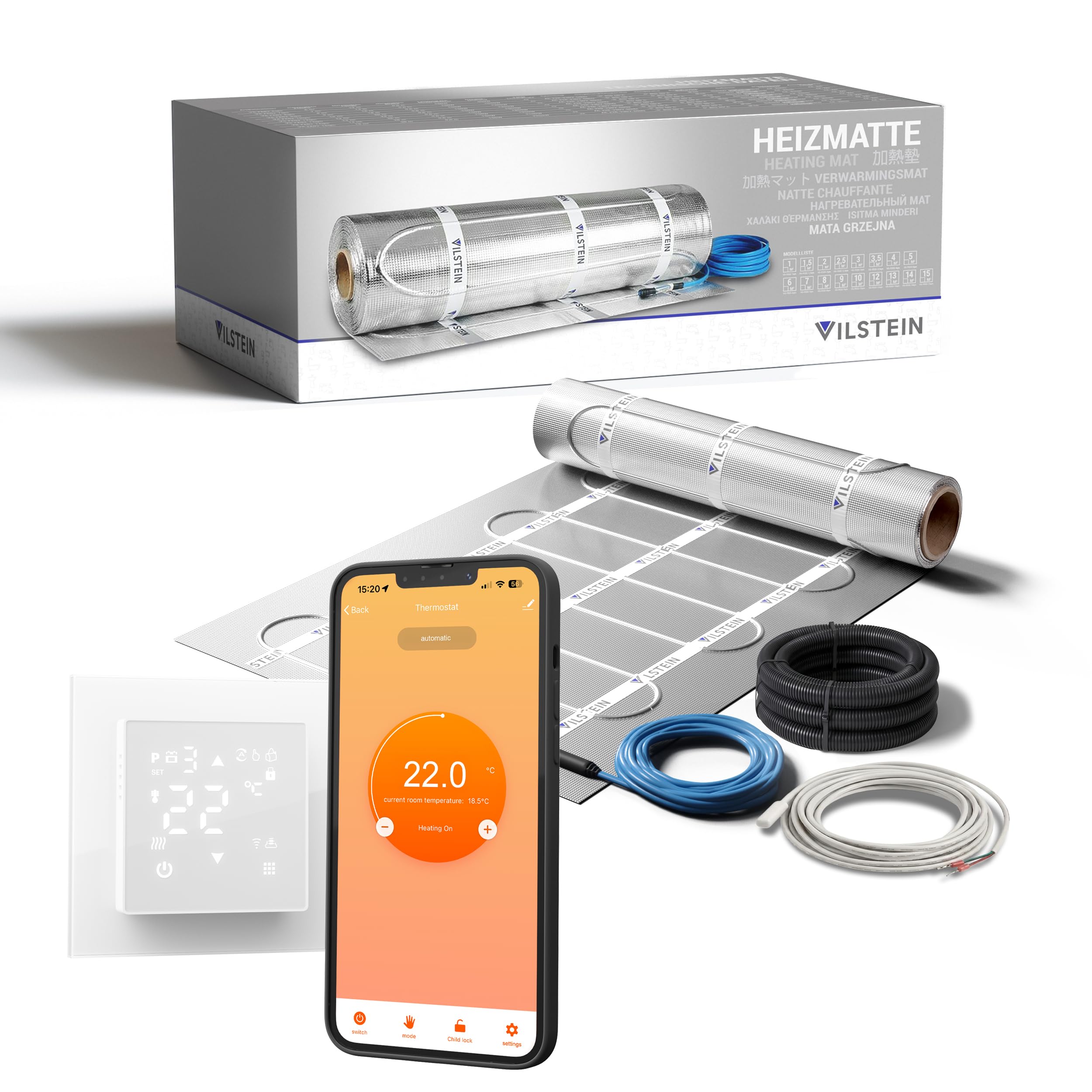 VILSTEIN Aluminium-Fußbodenheizung 150W/m² – Elektrische Heizmatte für Laminat, Parkett & Vinyl, selbstklebend, zuschneidbar, WiFi Touchscreen-Thermostat, Komplettset 2.5m²