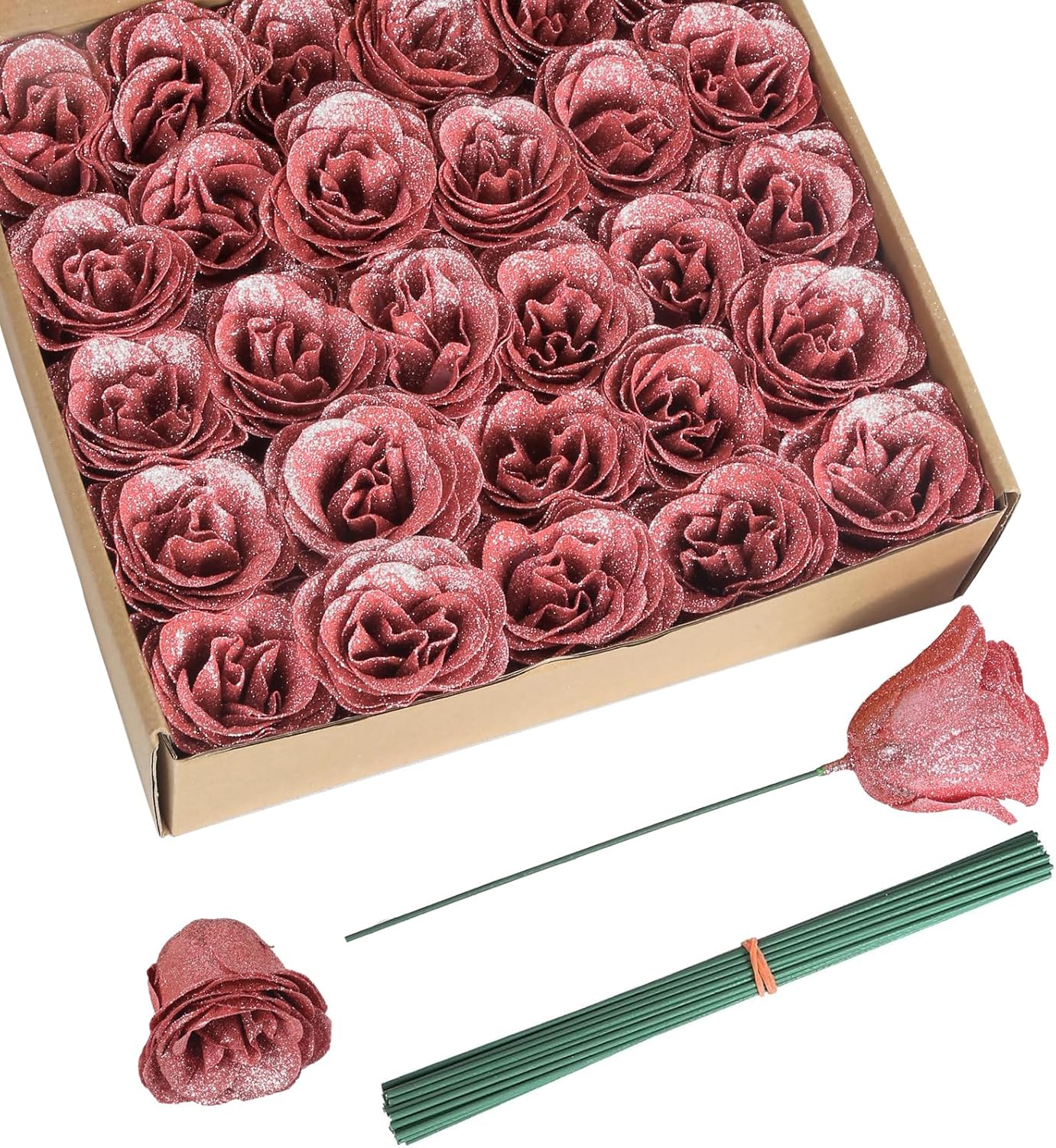 Roses Artificial Flowers,30pcs Glitter Roses Fake Roses with Stems for Crafts Wedding Bouquet Party Home Decor(Salmon)