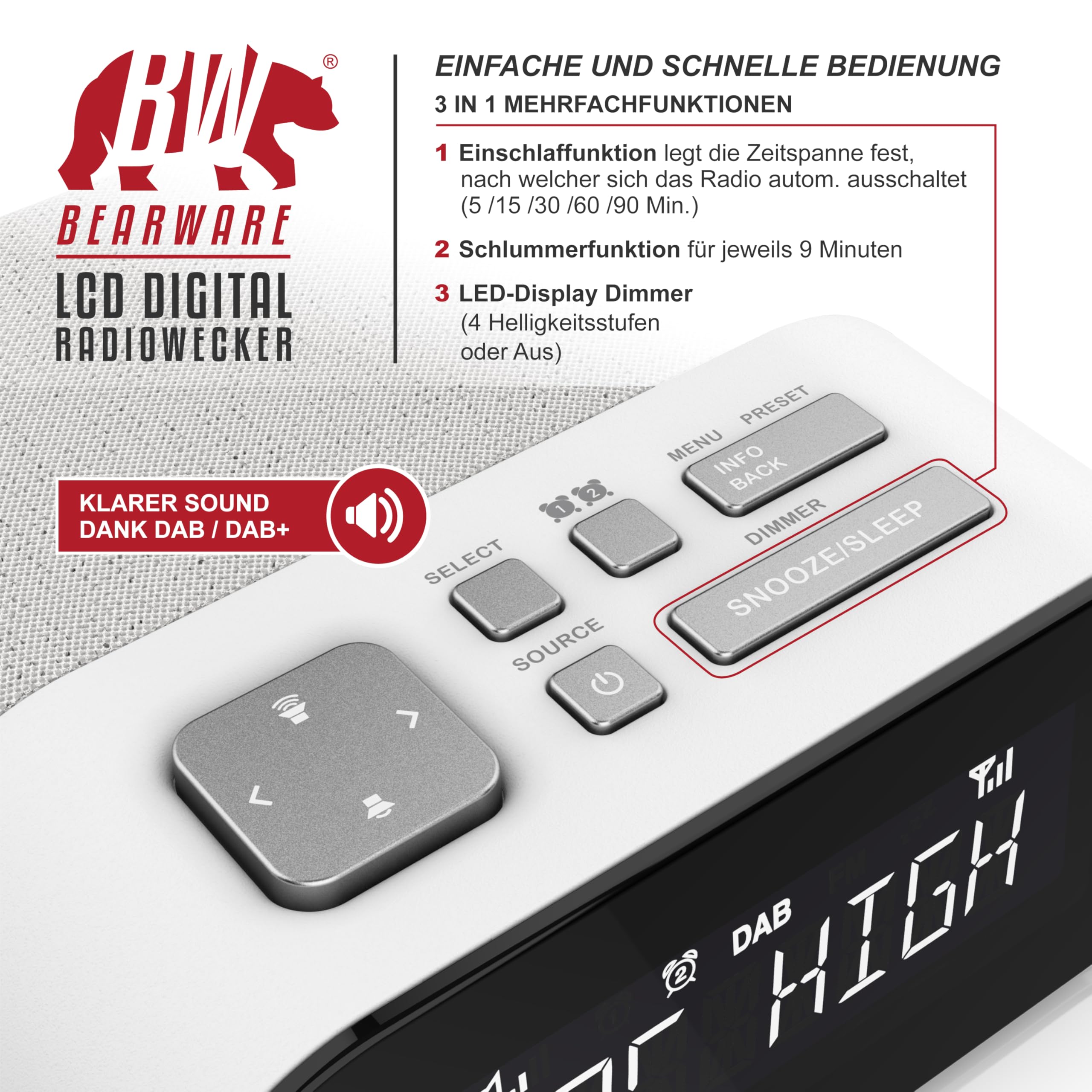 CSL - DAB Plus Radio digital - Radiowecker DAB+ FM UKW - je 20 Speicherplätzen – 16 Lautstärkestufen – Wecker – große Ziffern – Snooze – Abschalttimer – inkl. Netzteil