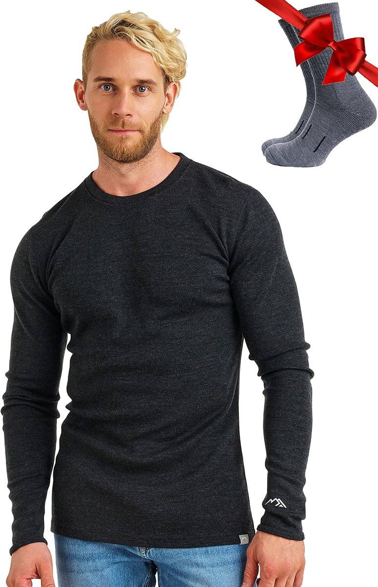 Merino Wool Base Layer Mens - 100% Merino Wool Shirts for Men Thermal Underwear Long Sleeve T-Shirt for Hiking Hunting