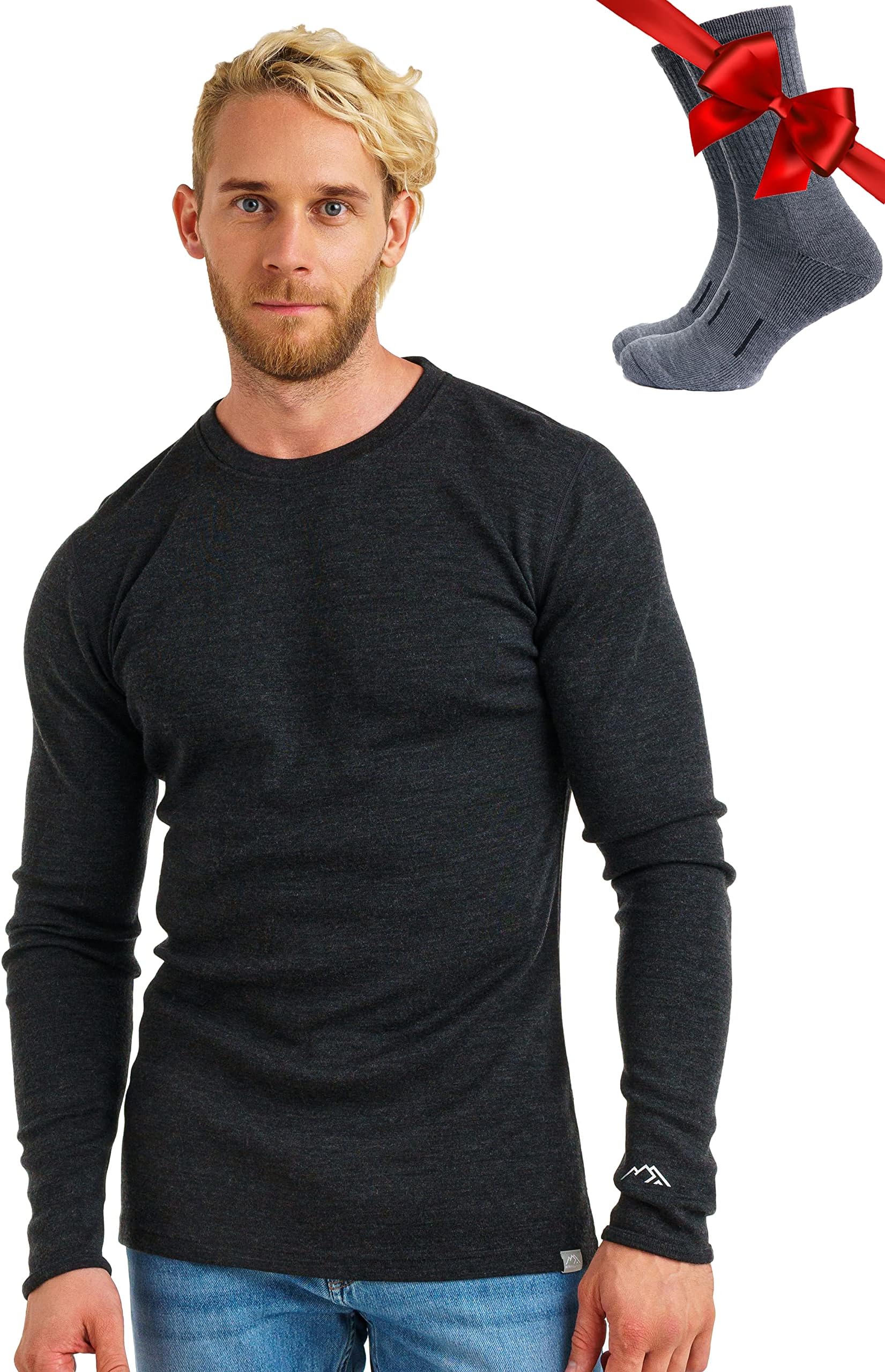 Merino.tech Merino Wool Base Layer - Mens 100% Merino Wool Long Sleeve Thermal Shirts Heavyweight, Midweight, Lite with Socks