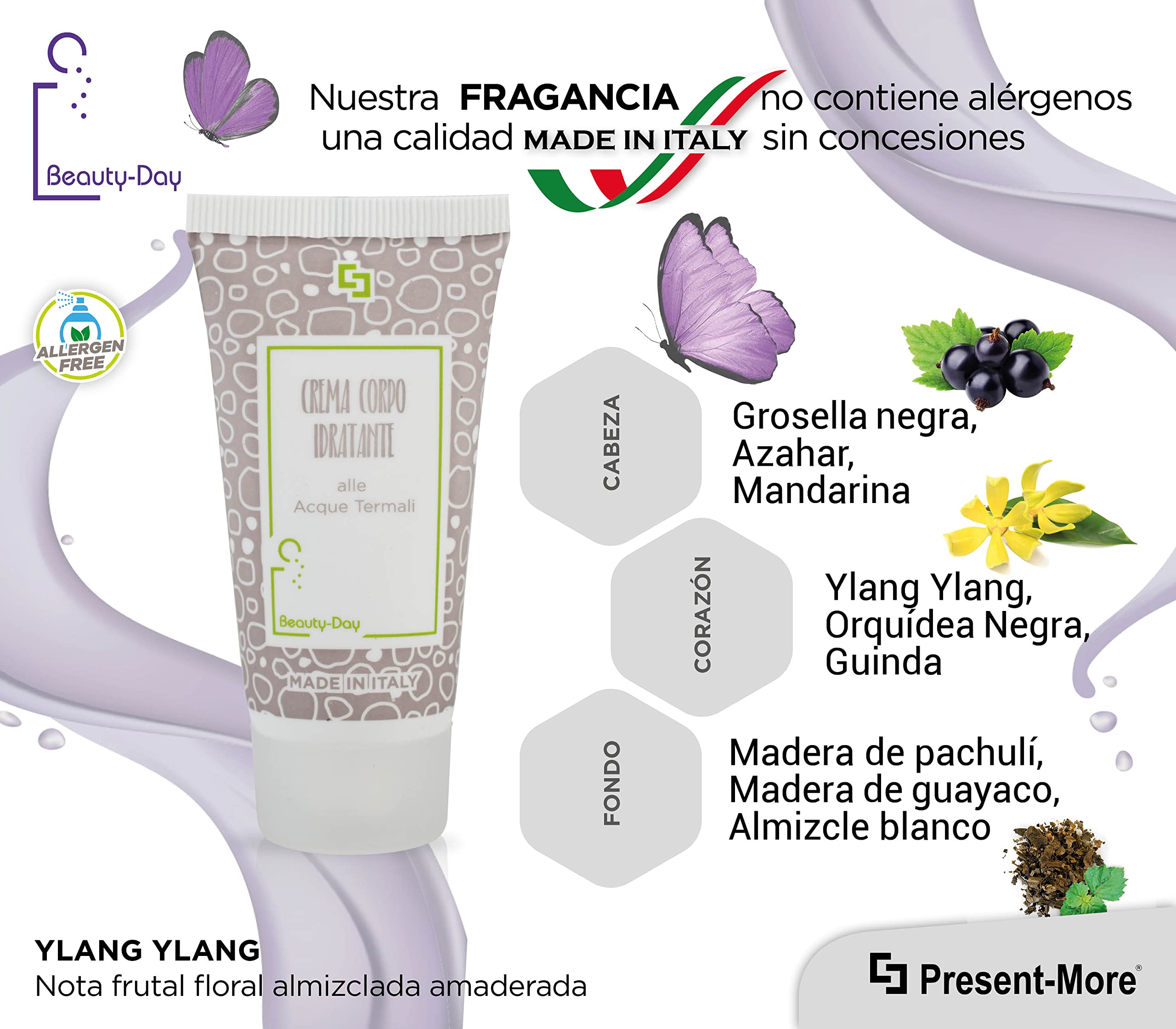 Present-More Crema corporal 30ml Beauty-Day Italy - Crema cuerpo 250 unidades para Hoteles y B&B | Crema cuerpo sin alérgenos con fragancia Ylang Ylang