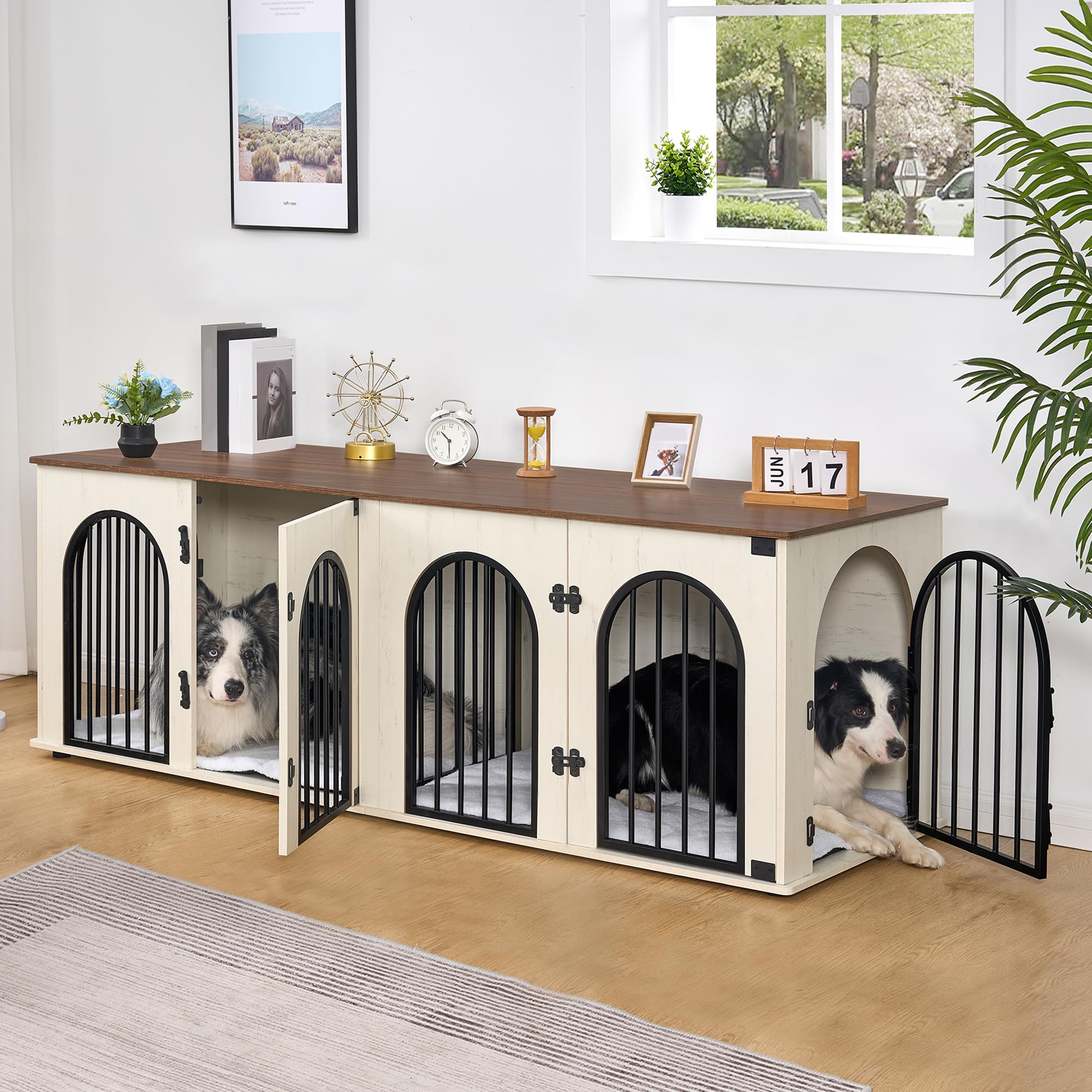 Hzuaneri Jaula para Perros Doble de Madera, Mueble Jaula con Divisor y Cojines para 2 Perros Medianos y Grandes, Mesa para Perros Estilo Mueble TV 180cm, Jaula Decorativa, Blanco y Marrón DFC91914B The Forest Stewardship Council