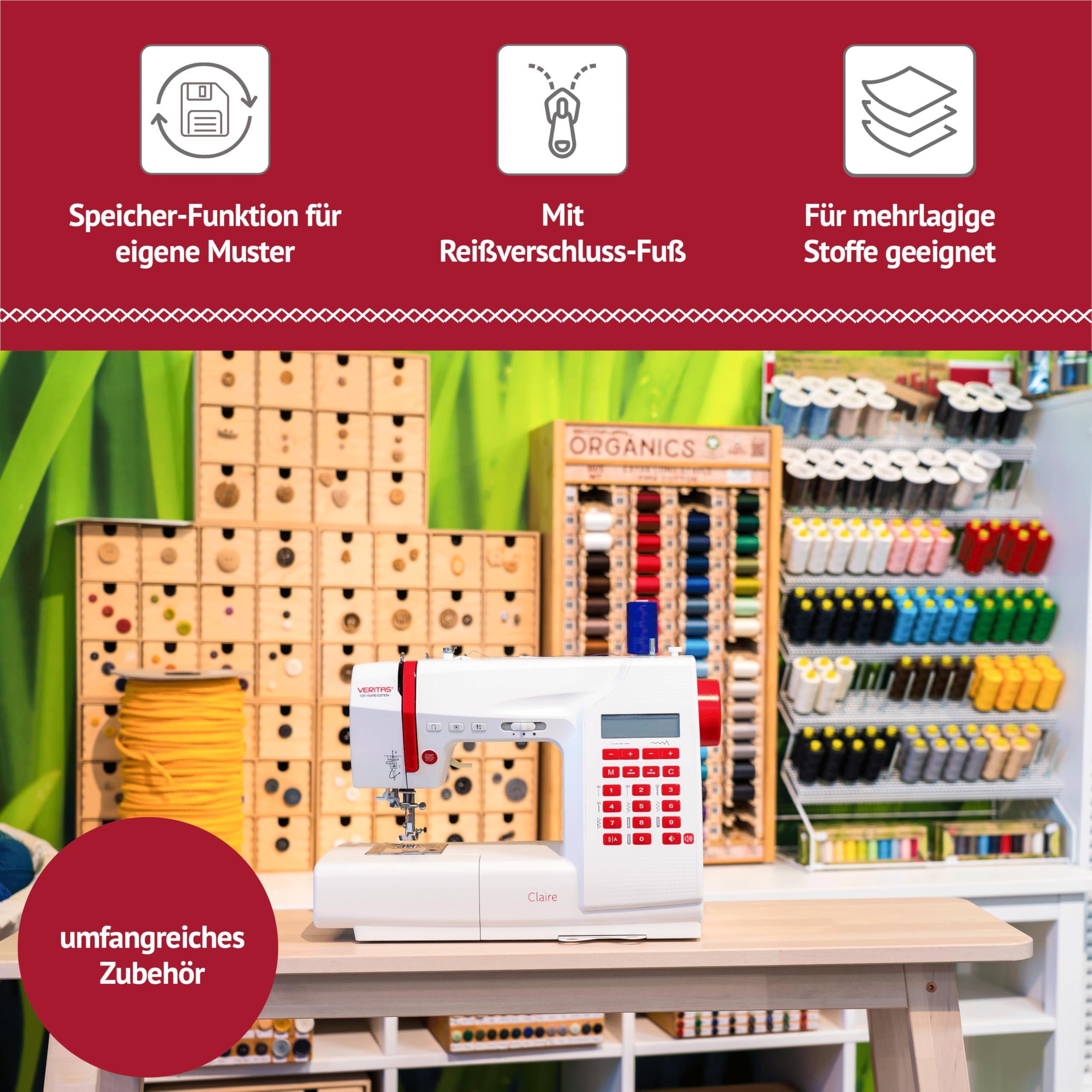 VERITAS Claire Computer-Nähmaschine mit LCD-Display – 197 Stiche inkl. Alphabet & Zahlen, viele Automatikfunktionen, Freiarm, Fußpedal, Memory-Funktion, Testsieger Note 1,1 (02/26)