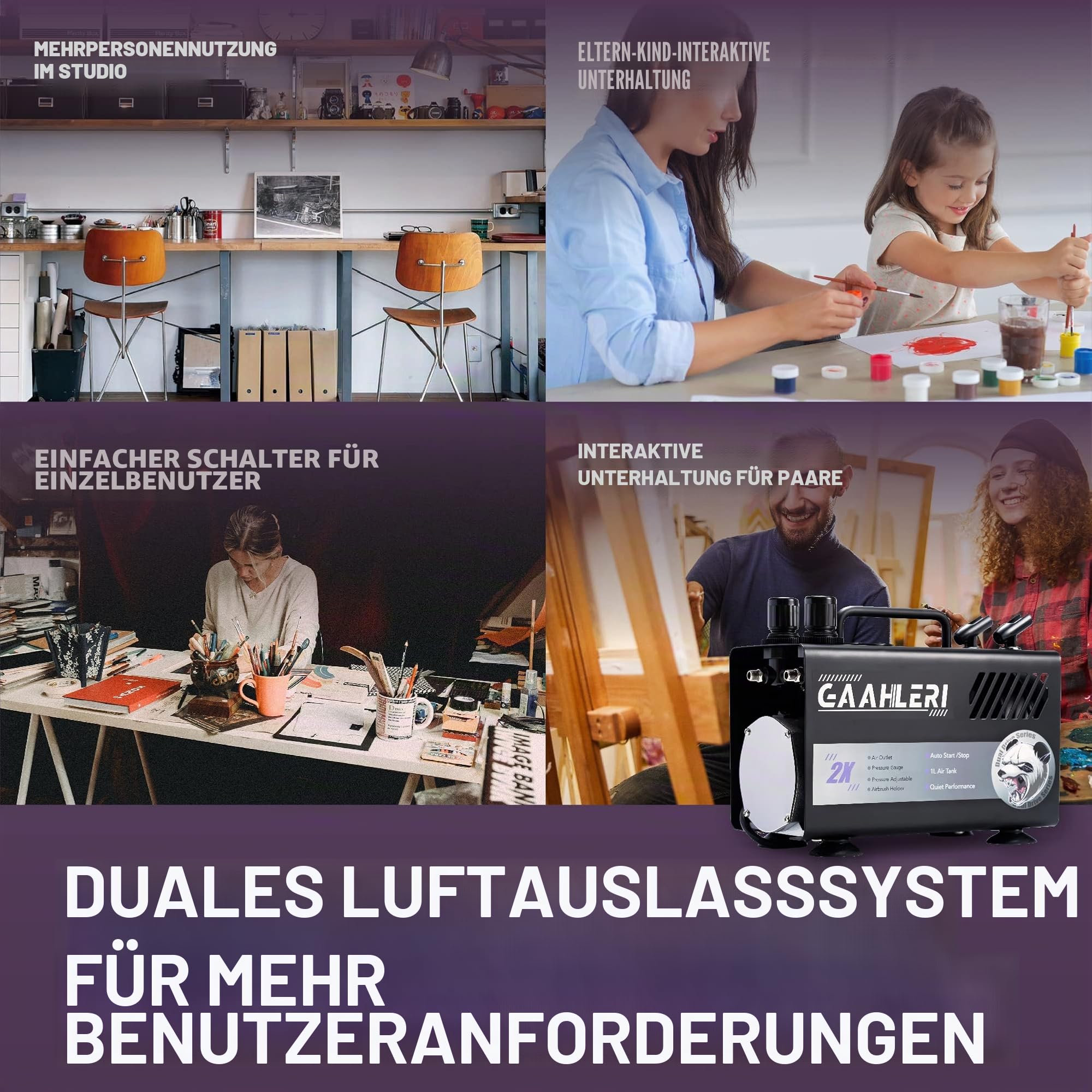 Gaahleri Airbrush-Malset mit Kompressor, Lufttank, 1 l, Dual-Luftauslass-System, fortschrittliche Luftpinselführung, manuelle Kuchendekoration, Nagel-Tattoo-Malerei, Modellfärbung, multifunktional
