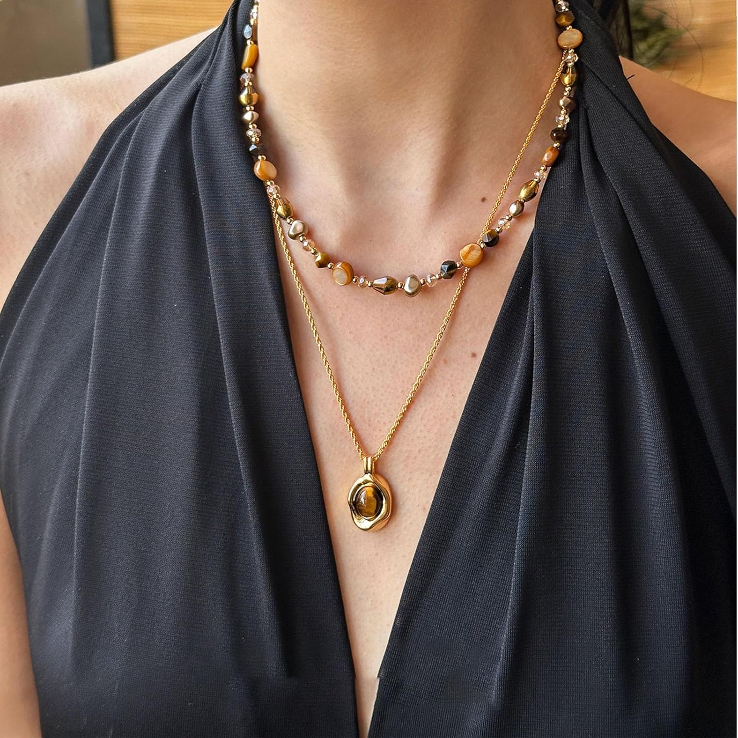 Bohemian Tiger's Eye Layered Necklace - Women's Healing Crystal Jewelry with 14K Gold-Tone Chain, Vintage Light Luxury Gift for Her - Image 2