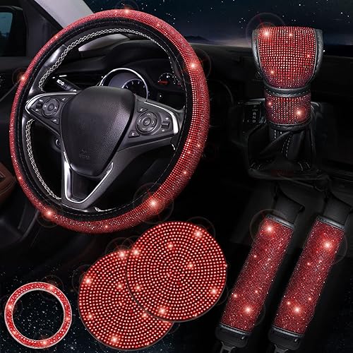ToBeQueen Red Bling - Juego de 7 accesorios para automóvil juego de funda de volante Crystal Rhonestone para mujer 15 pulgadas funda para cinturón