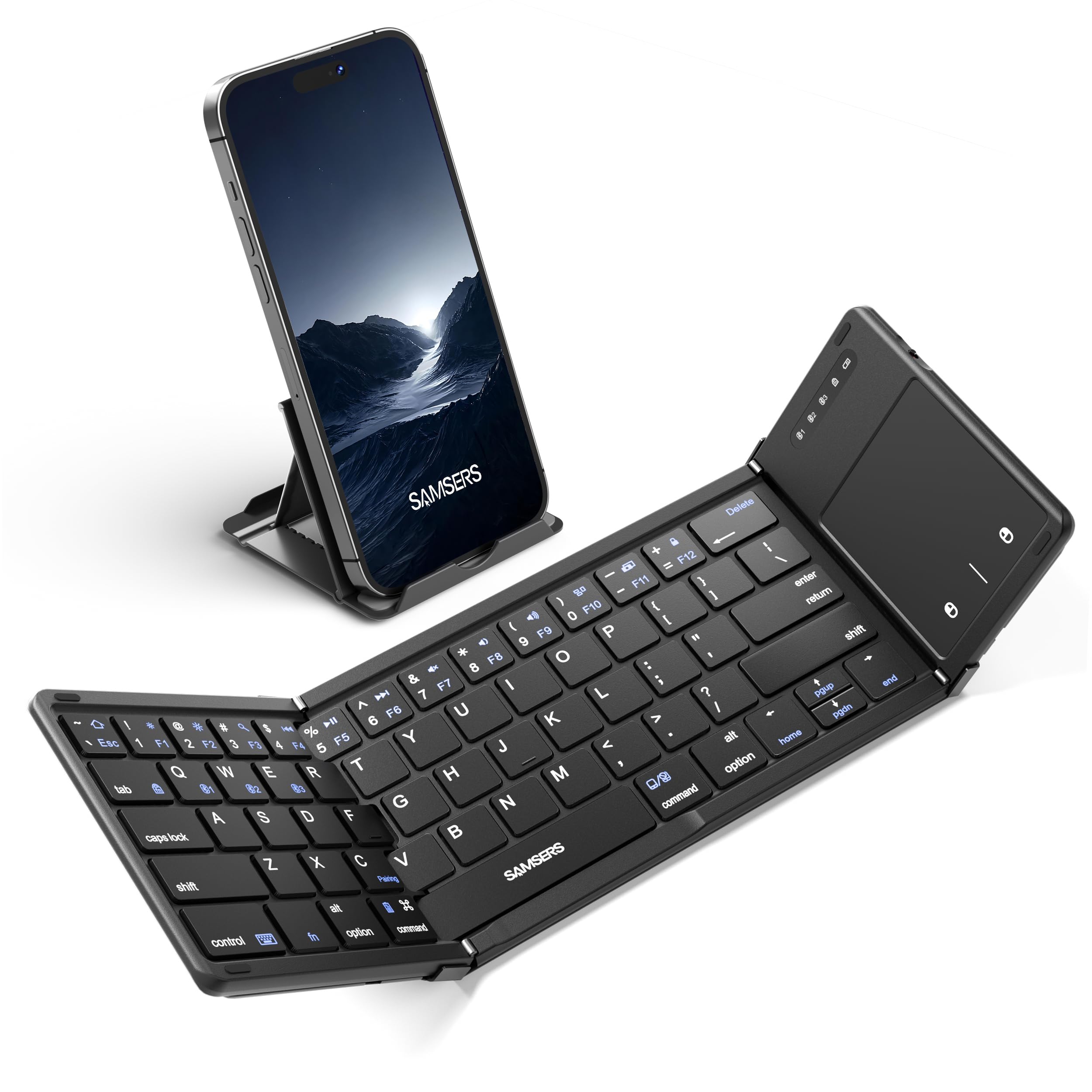 Samsers Foldable Bluetooth Keyboard with Touchpad, Full-Size Wireless Folding Keyboards with PU Leather, Support 3 Devices (BT5.1 x 3), Portable Travel Keyboard for iOS Android Windows Mac OS, Black